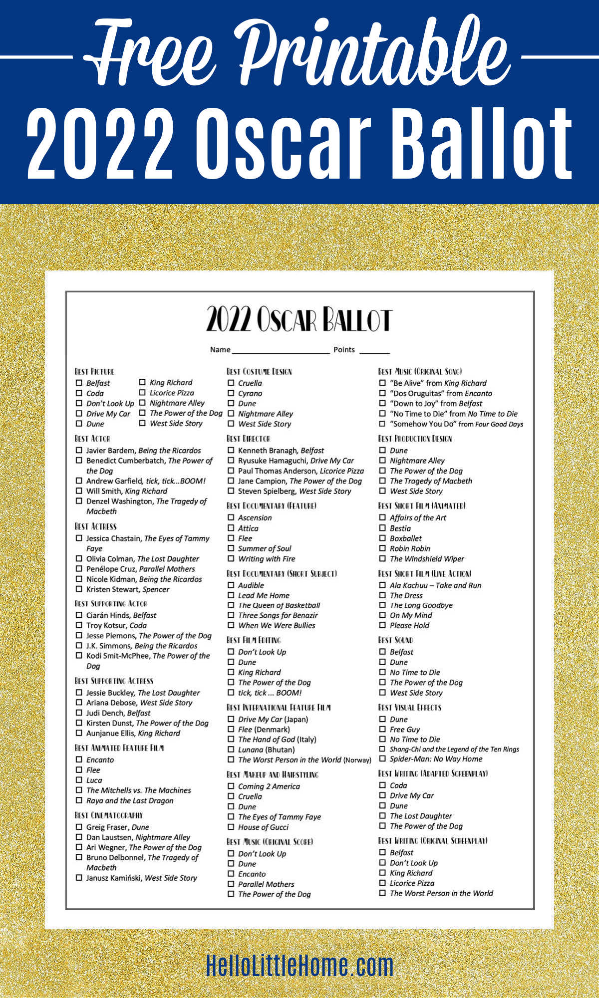 2022 Printable Oscar Ballot