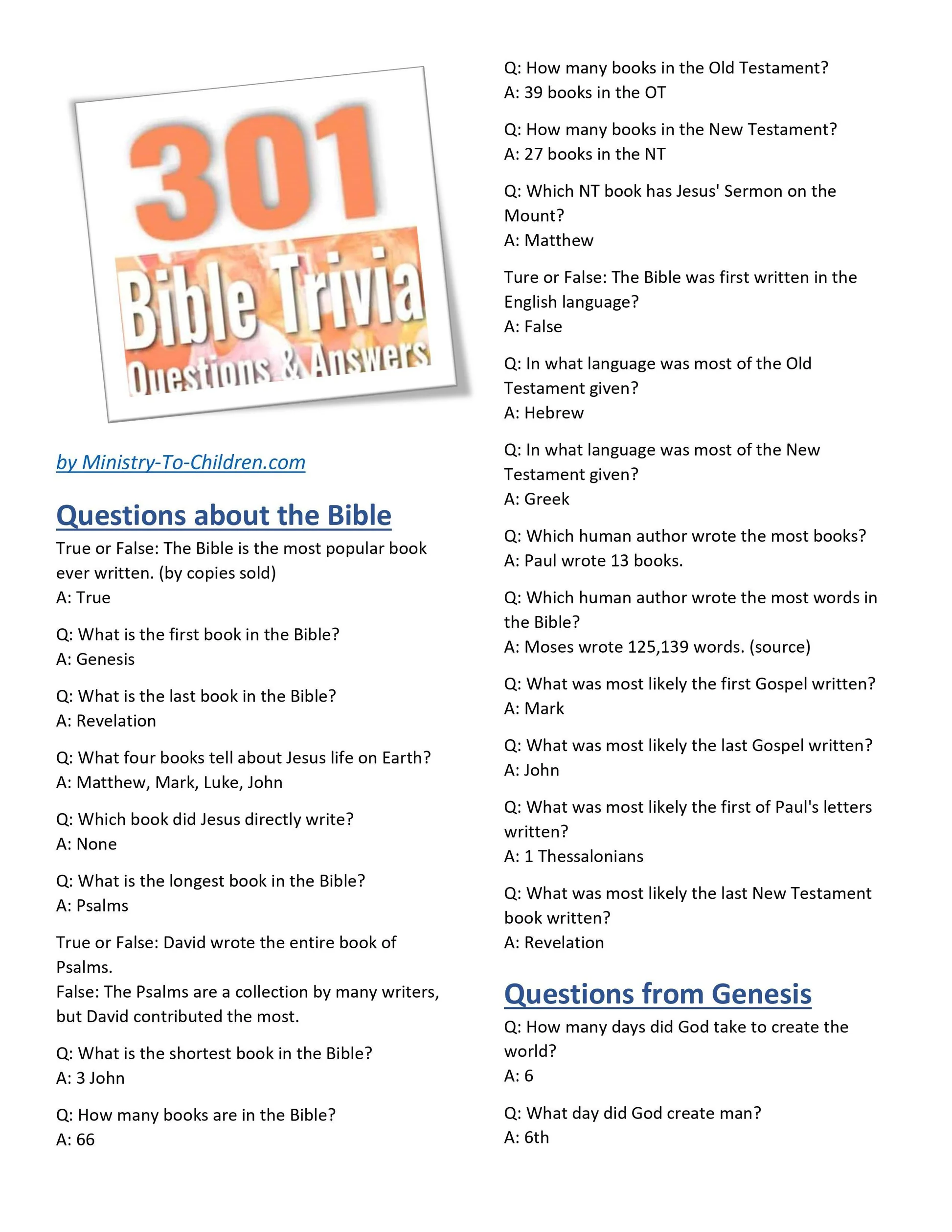 301 Bible Trivia Questions Answers