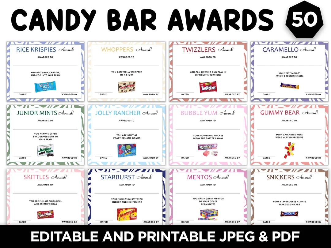 50 Candy Bar Award Certificates