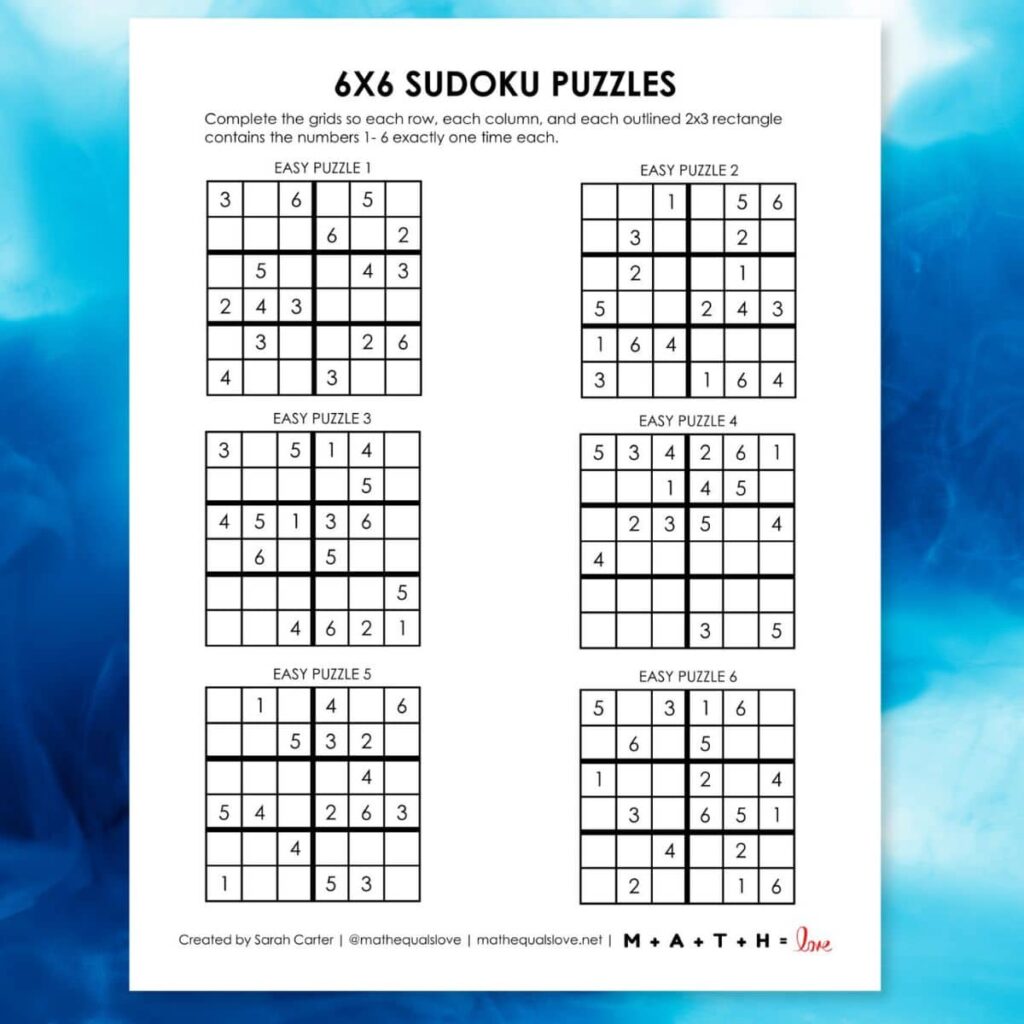 6x6 Sudoku Puzzles Printable