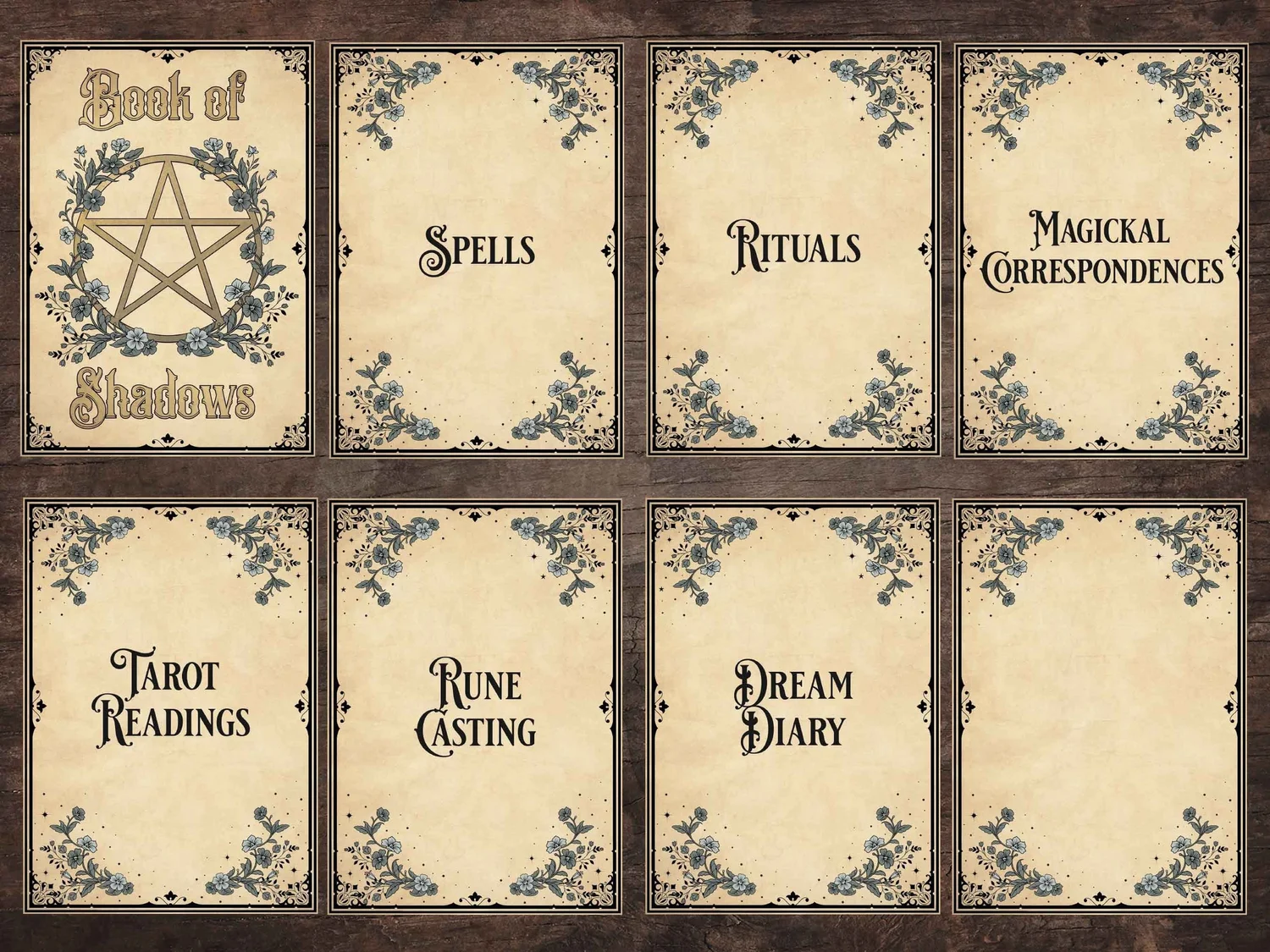 8 Book Of Shadows Title Pages 8 Printable Pages Grimoire Pages Witchcraft Spell Book Wicca Pagan Bos Cover Pages A4 Us Letter Sizes