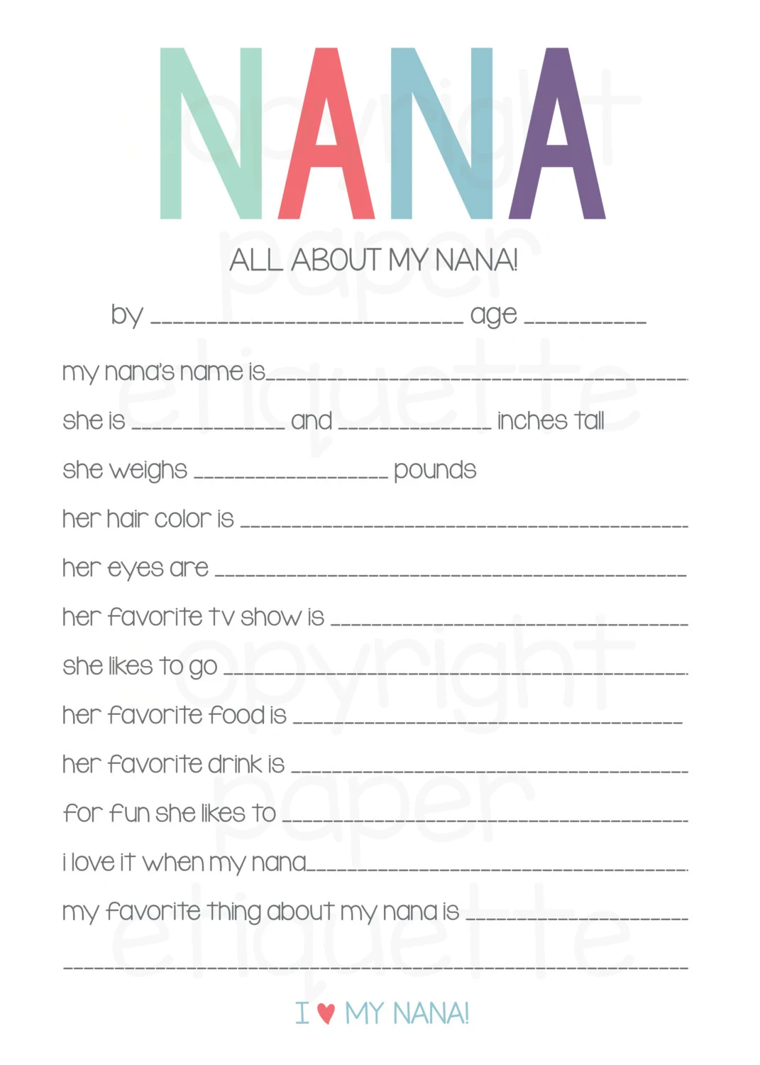 All About My Nana Printable Mothers Day