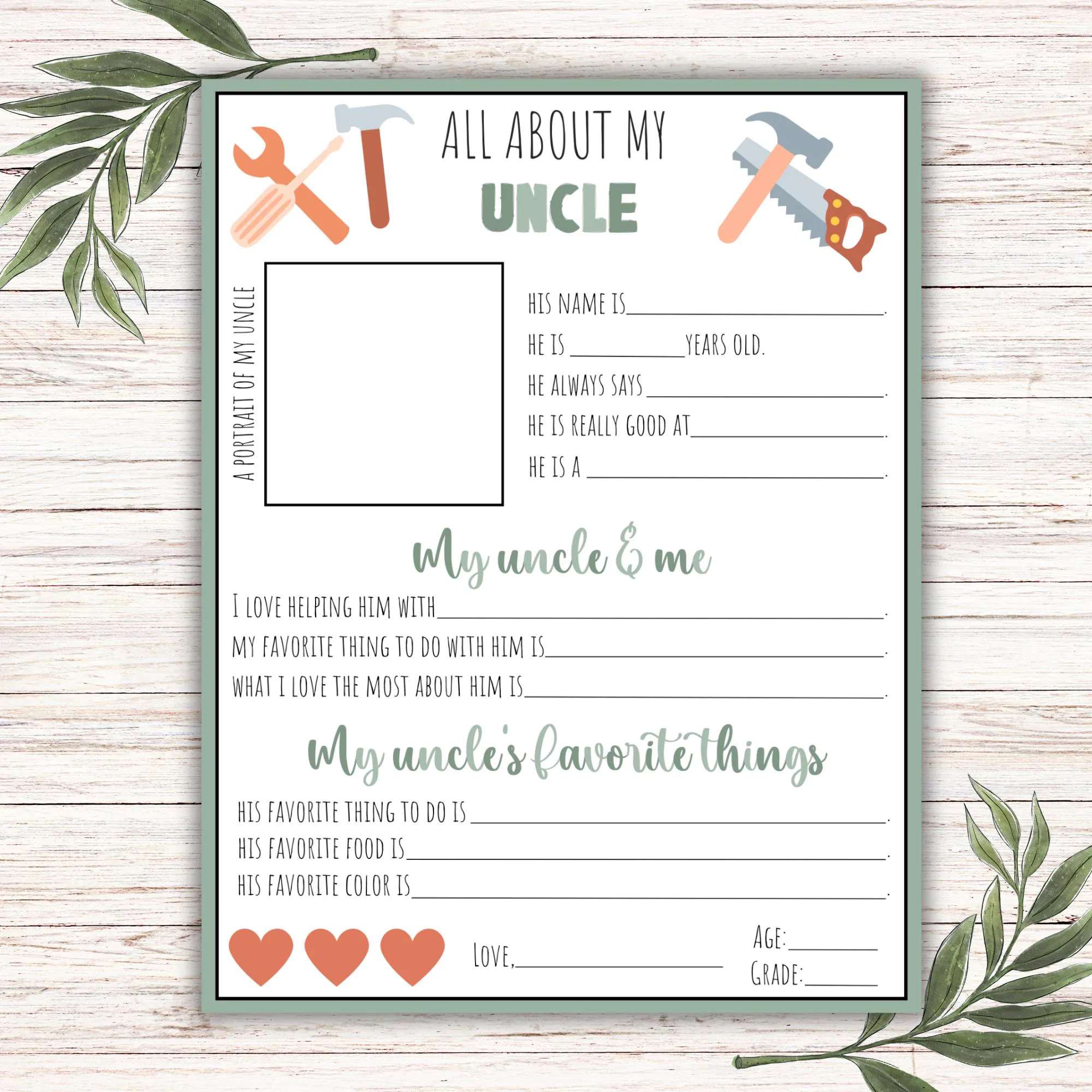 All About My Uncle Printable Fill In