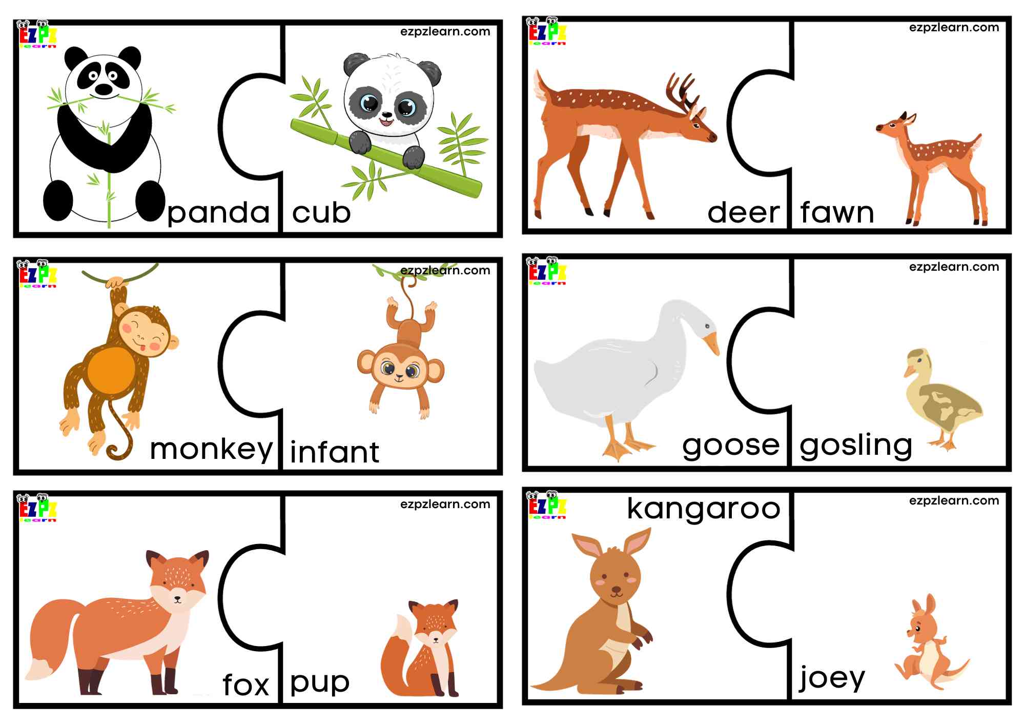 Animals And Their Young Puzzle Match Game 3 For Preschool Kindergarten And English Language Learners Free Printable Pdf Games