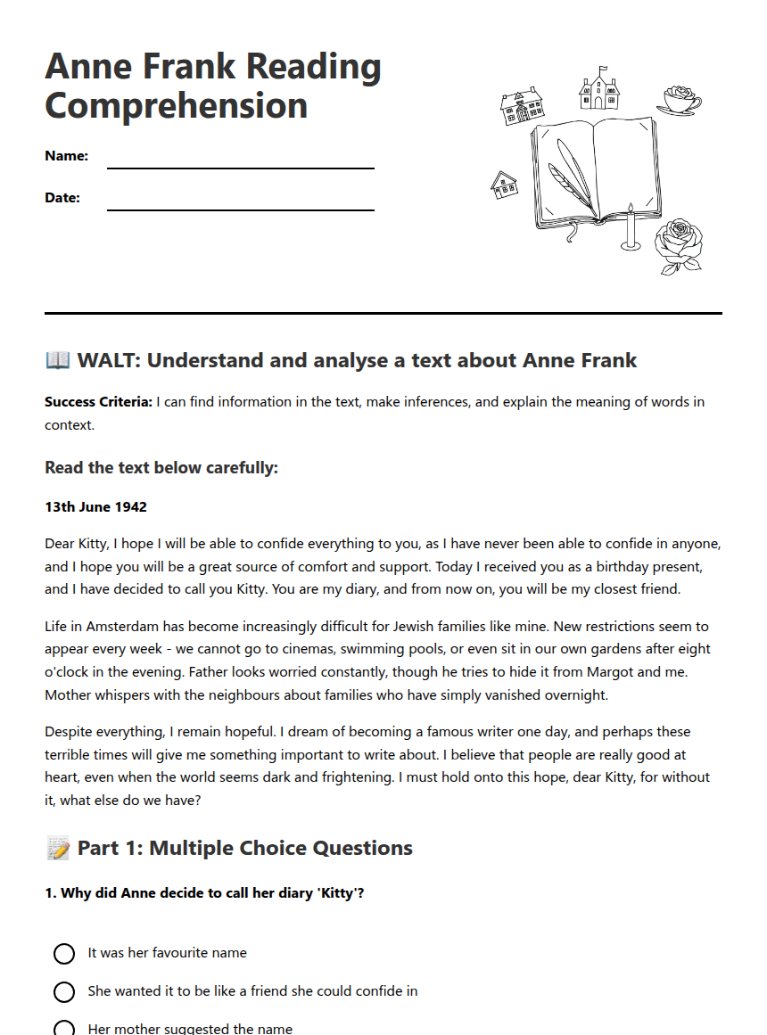 Anne Frank Reading Comprehension 68264 Anne Frank Reading Comprehension 68264