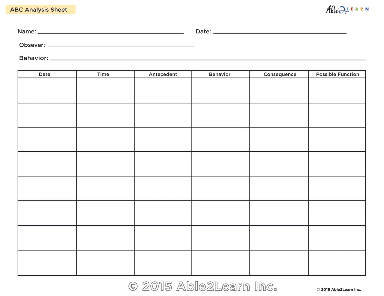Antecedent Behavior Consequence Abc Chart 1 Page
