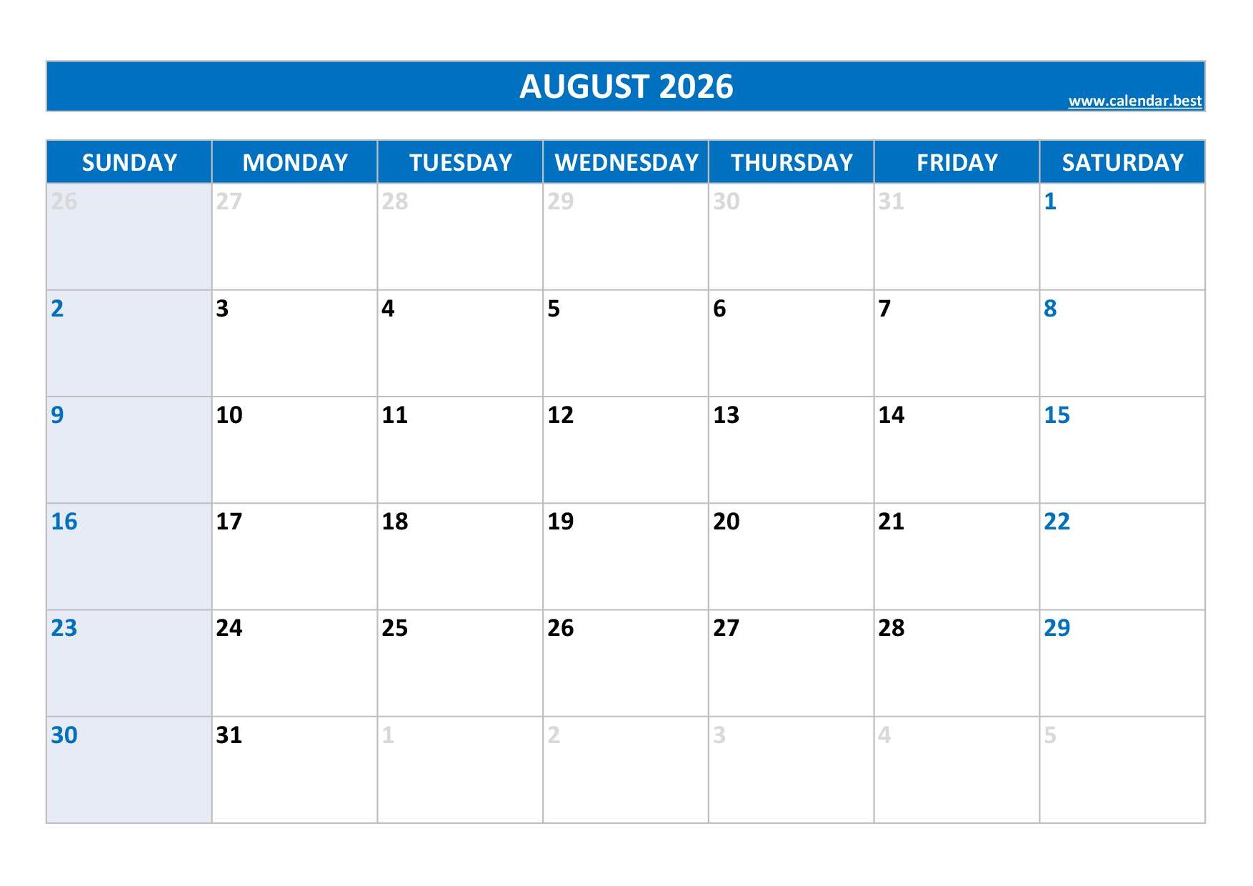 August 2026 Calendar