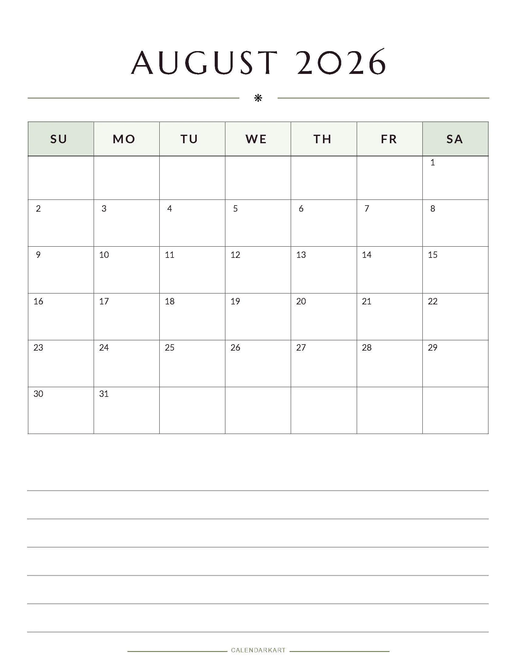 August 2026 Calendars