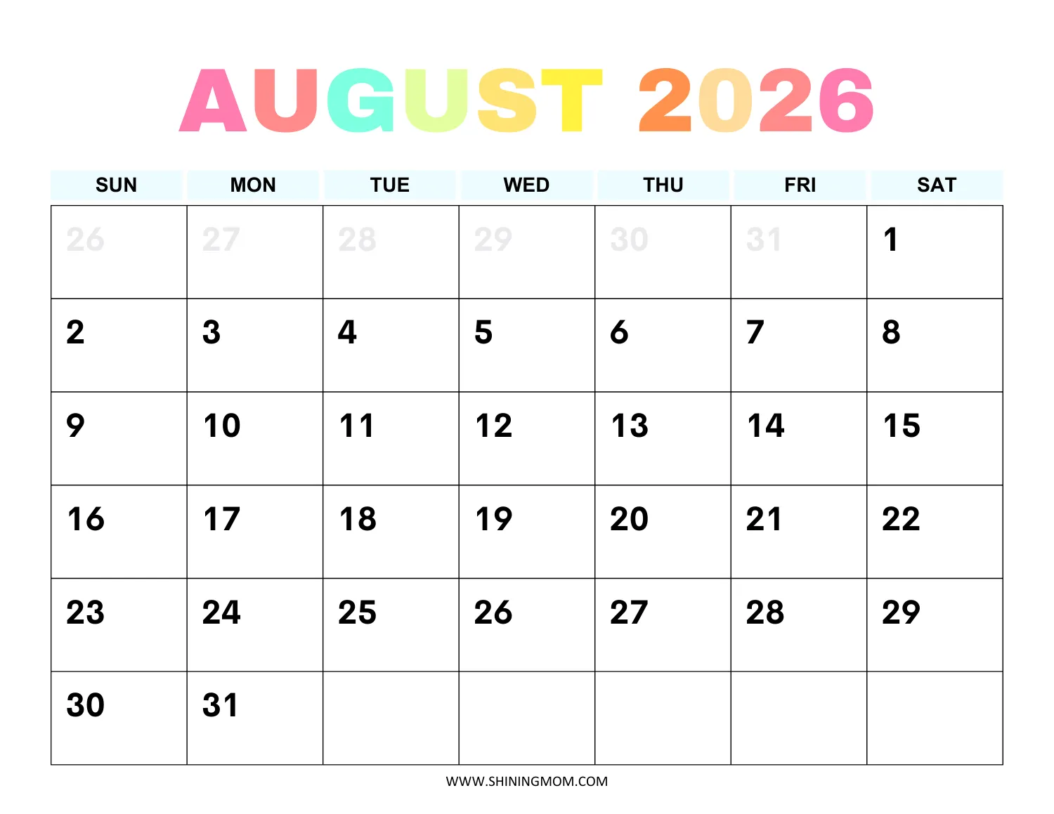 August Calendar Printable Free