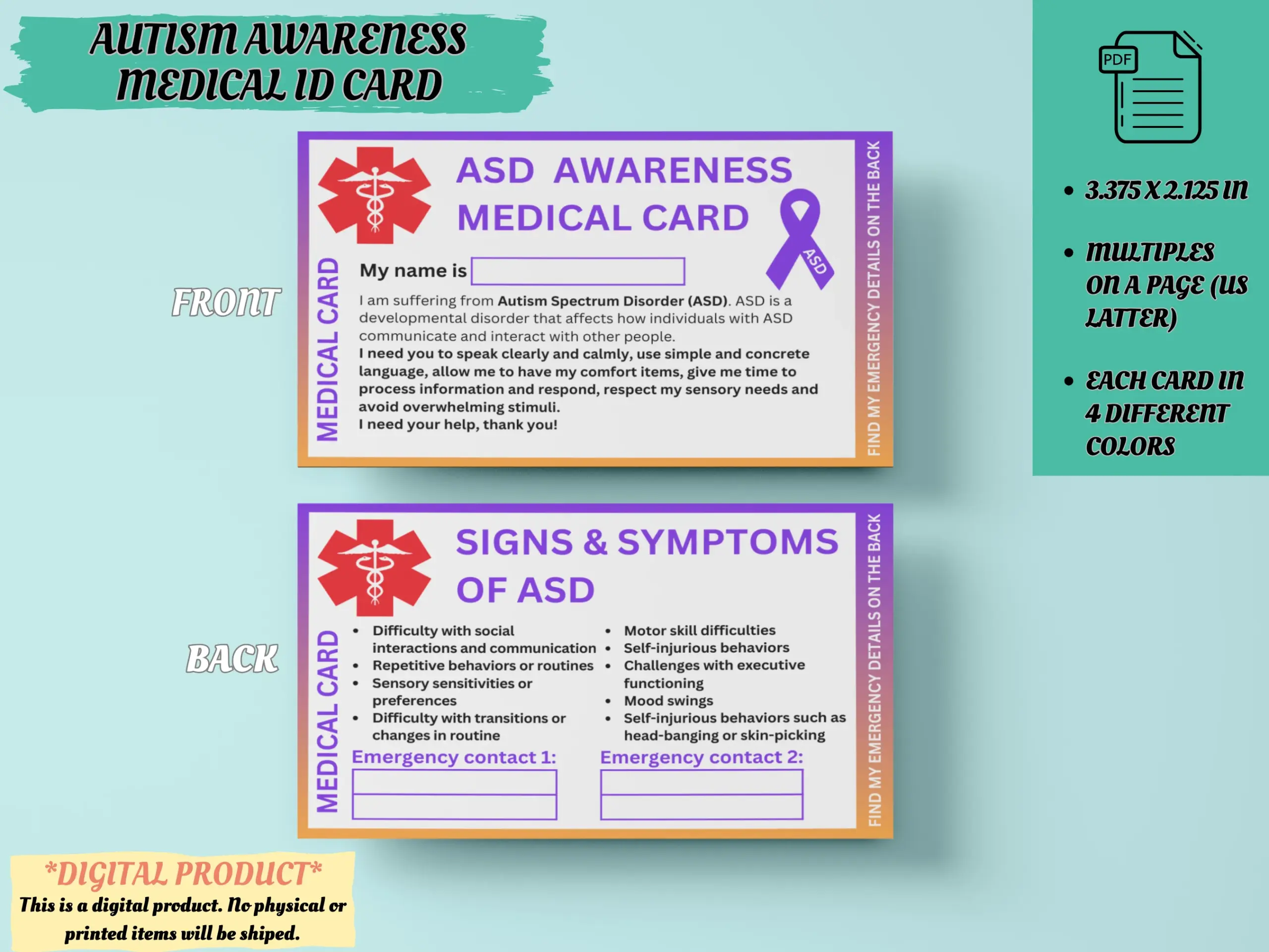 Autism Awareness Emergency Medical Id Card Autism Awareness Emergency Medical Id Card