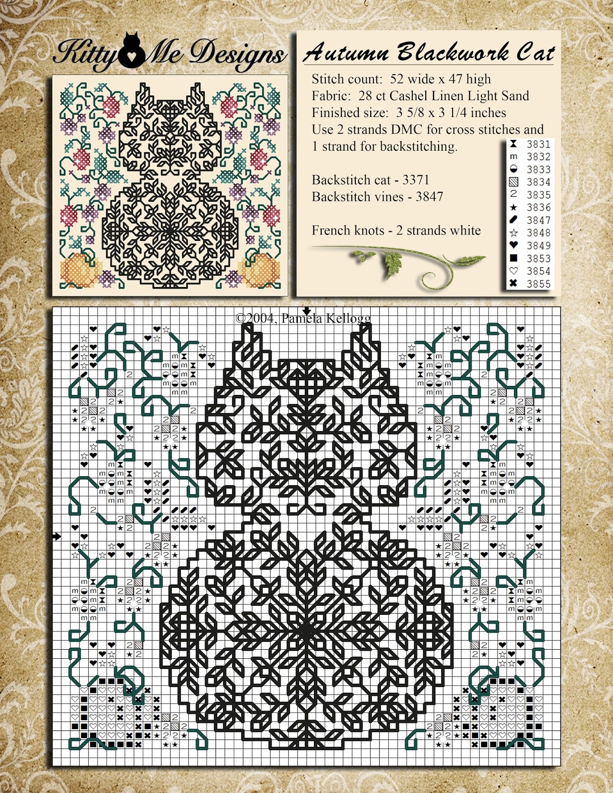 Autumn Blackwork Cat Free Cross Stitch