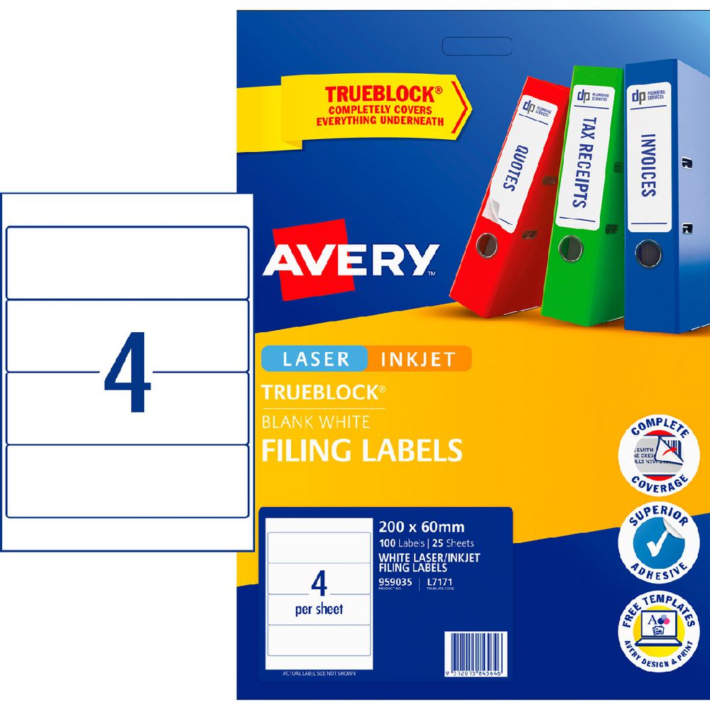 Avery 4up Laser Lever Arch Labels White 25 Sheets Avl7171we