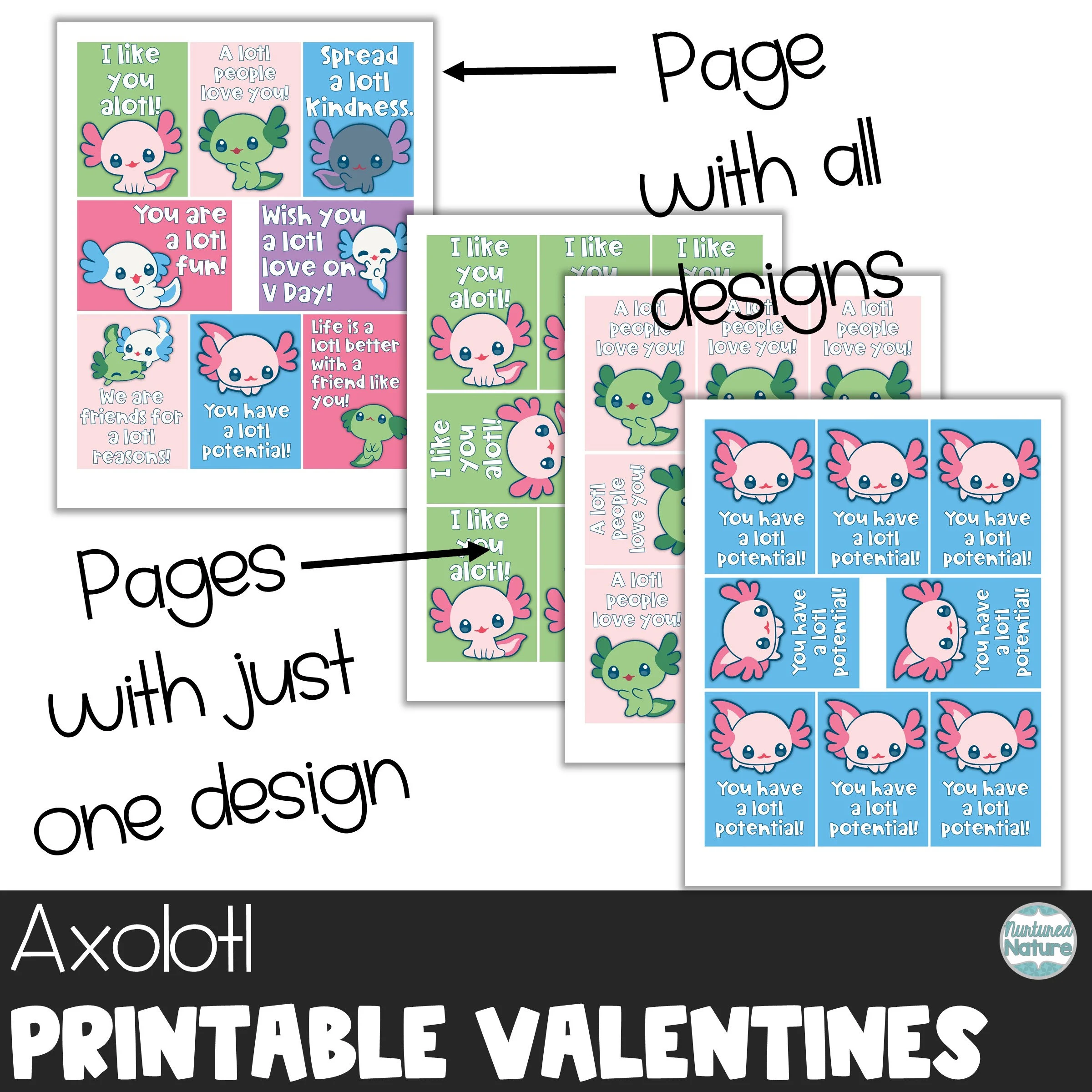 Axolotl Valentines Day Printable Cards
