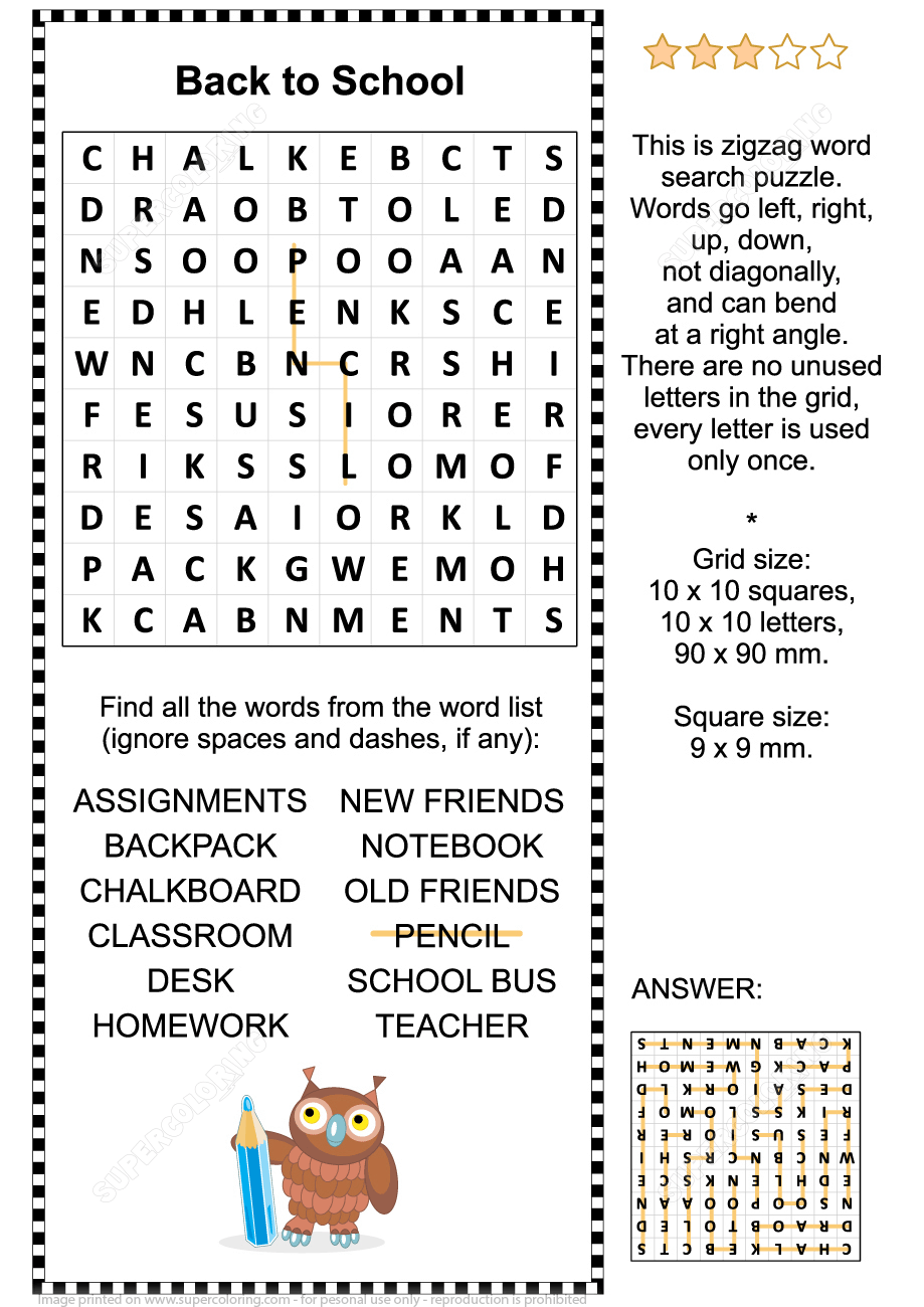 Back To School Zigzag Word Search Puzzle
