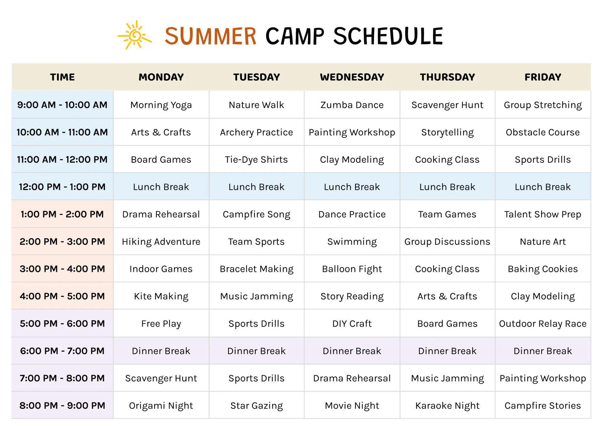 Camp Schedule Template Camp Schedule Template
