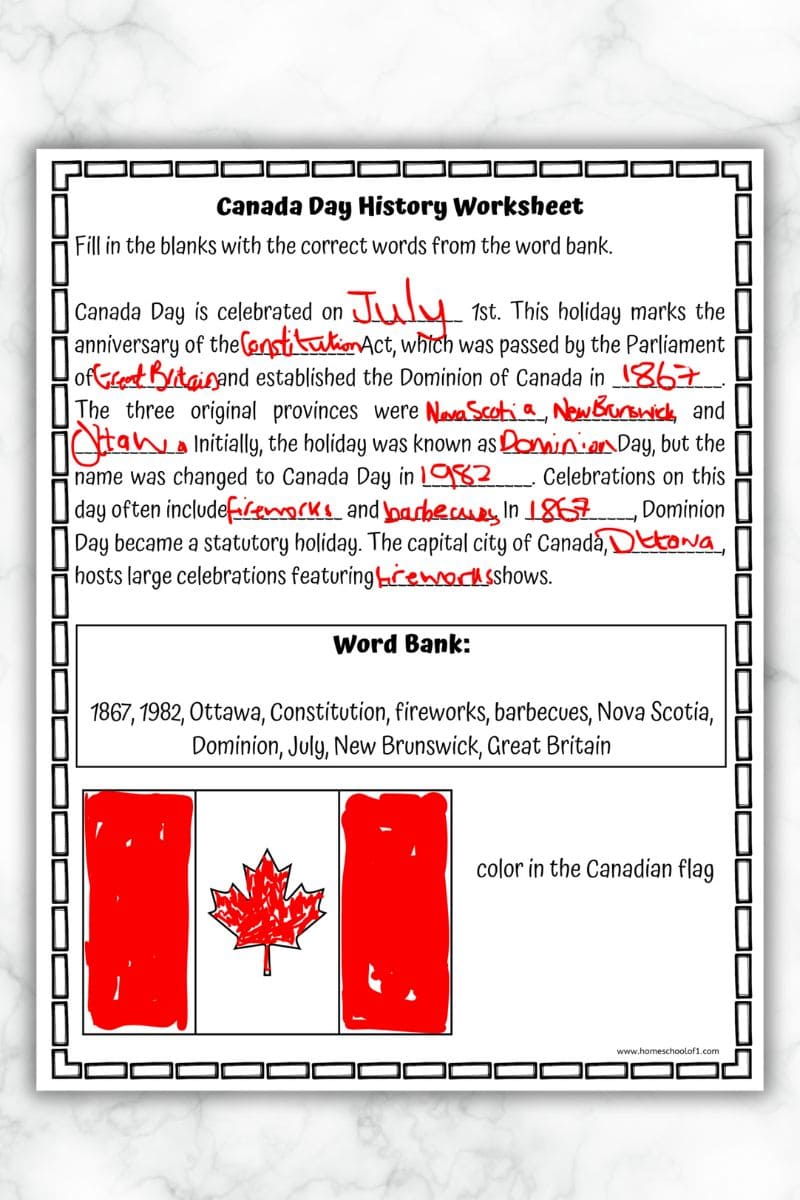 Canada Day Worksheet