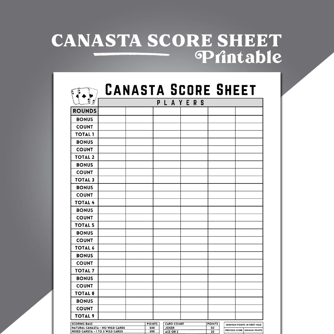 Canasta Score Sheet Canasta Card Game