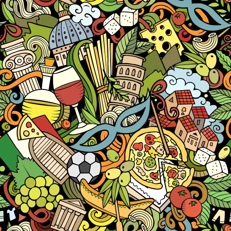 Cartoon Doodles Italy Seamless Pattern Backdrop Italian Culture Symbols Items Colorful Detailed Background Print Image210691278
