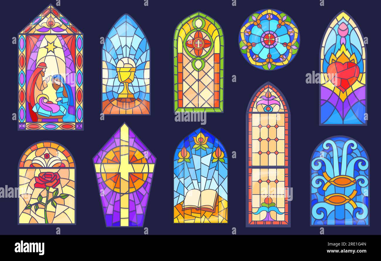 Cartoon Stained Glass Beautiful Stain Church Windows Frames Christian Or Catholic Religious Coloring Mosaic Window With Christmas Cathedral Temple Vector Illustration Of Old Christian Cathedrals Image559371589