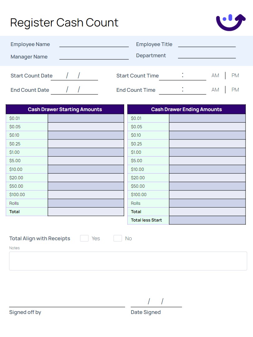 Cash Count Sheet Cash Count Sheet