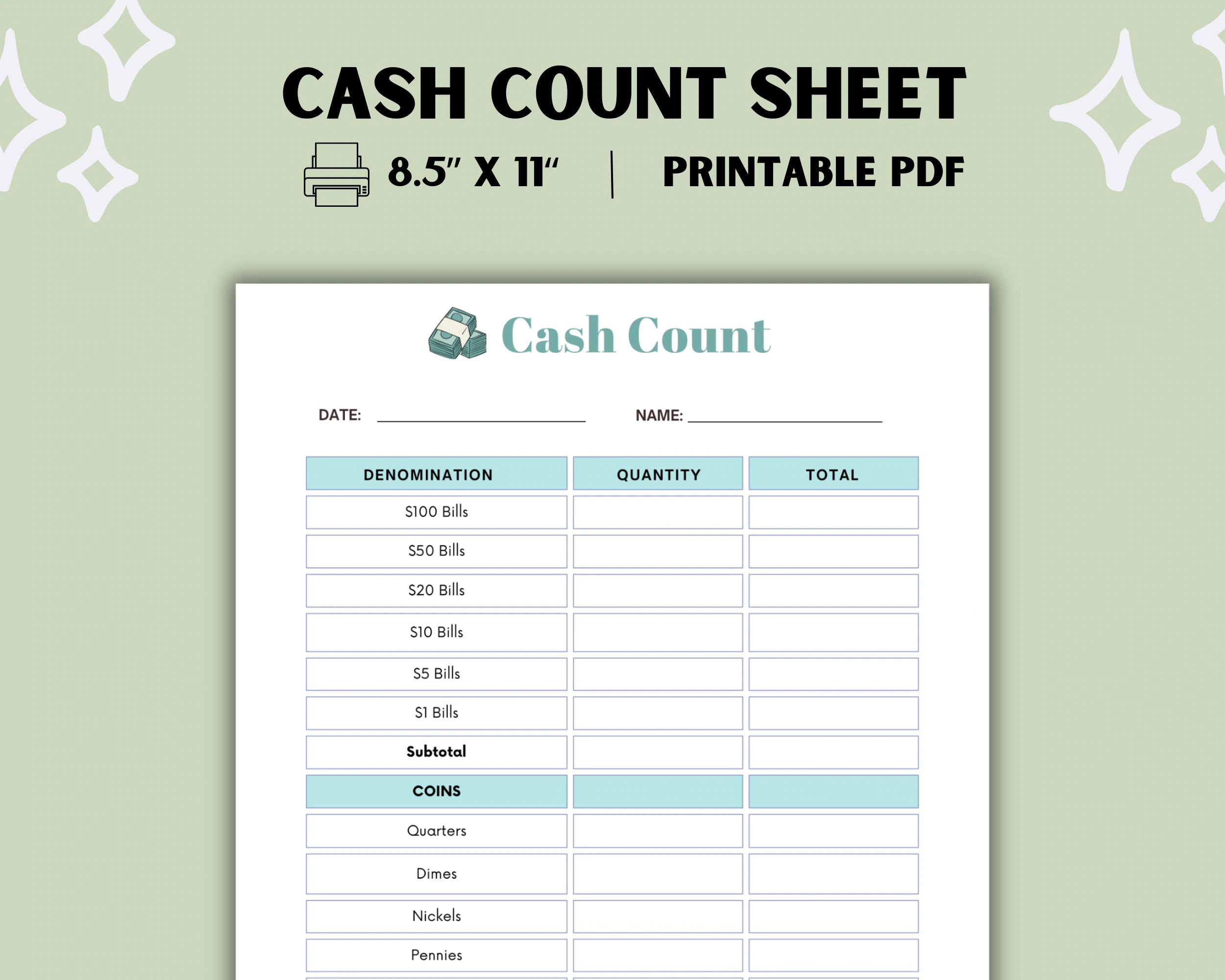 Cash Count Sheet Printable Money Tally