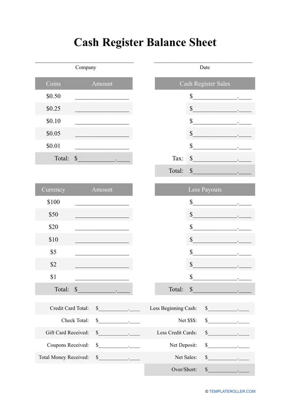 Cash Register Balance Sheet Template