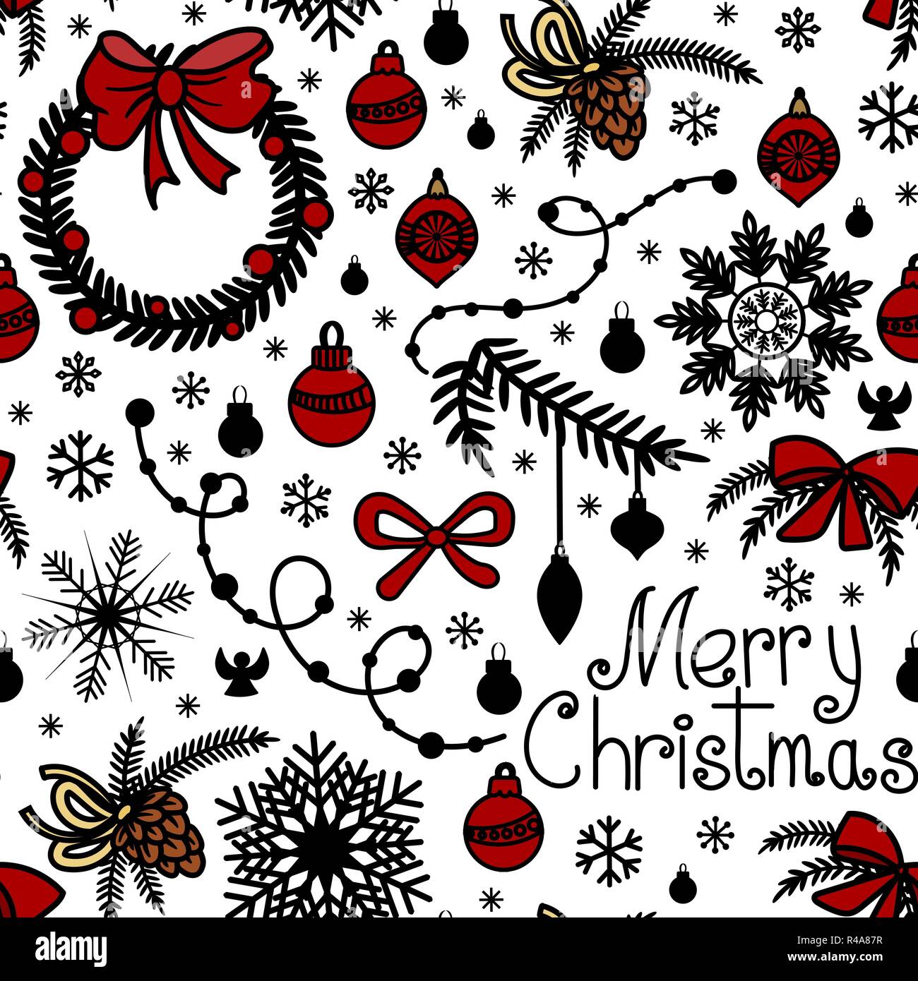 Christmas Background In Hand Drawn Doodle Style Red And Black Colors Isolated On White Background Perfect For Wrapping Paper Wallpaper Fabric Print Vector Illustration Image226419419