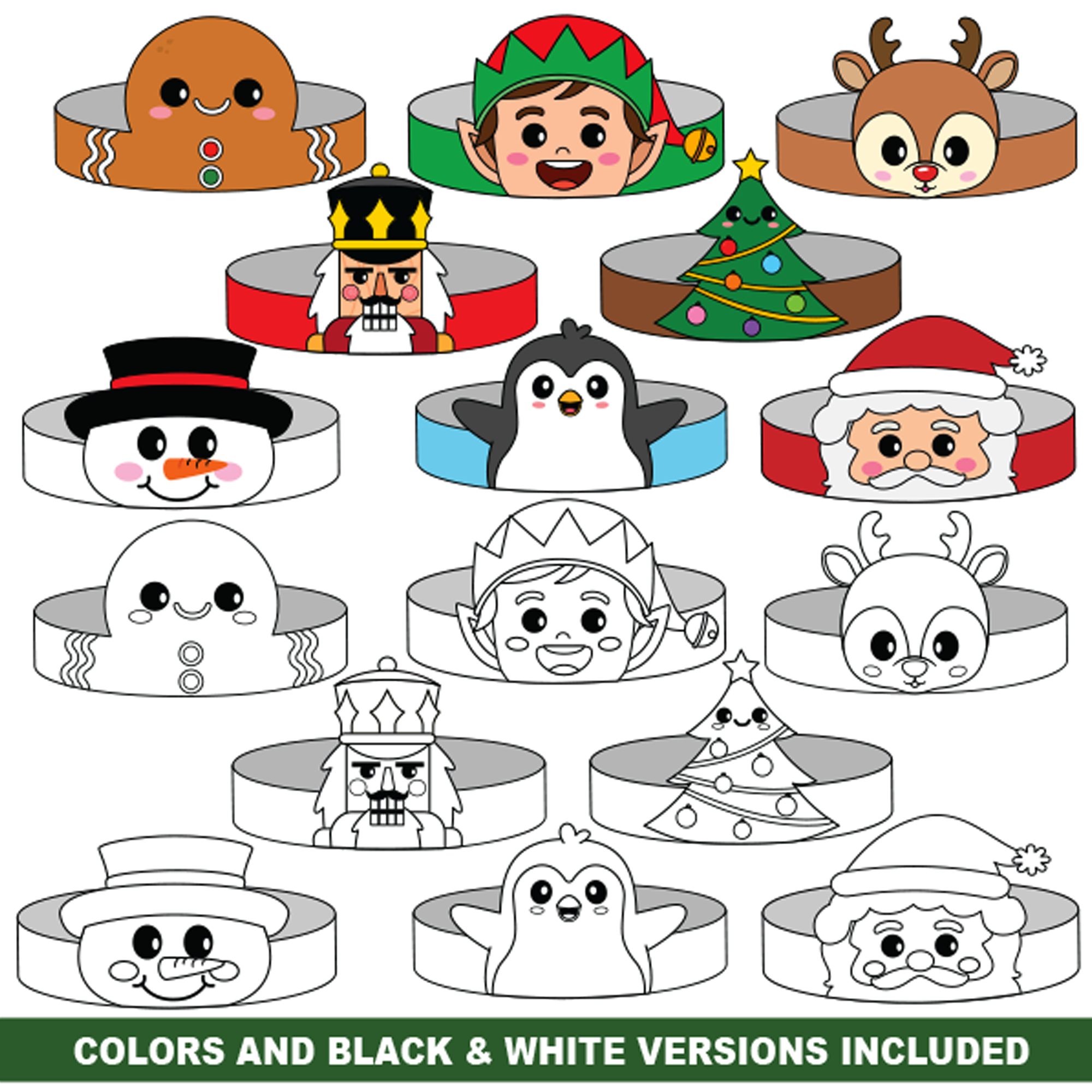 Christmas Paper Crowns Bundle Of 16 Printable Christmas Hat Headbands Christmas Craft Activity Party Favors Coloring Versions
