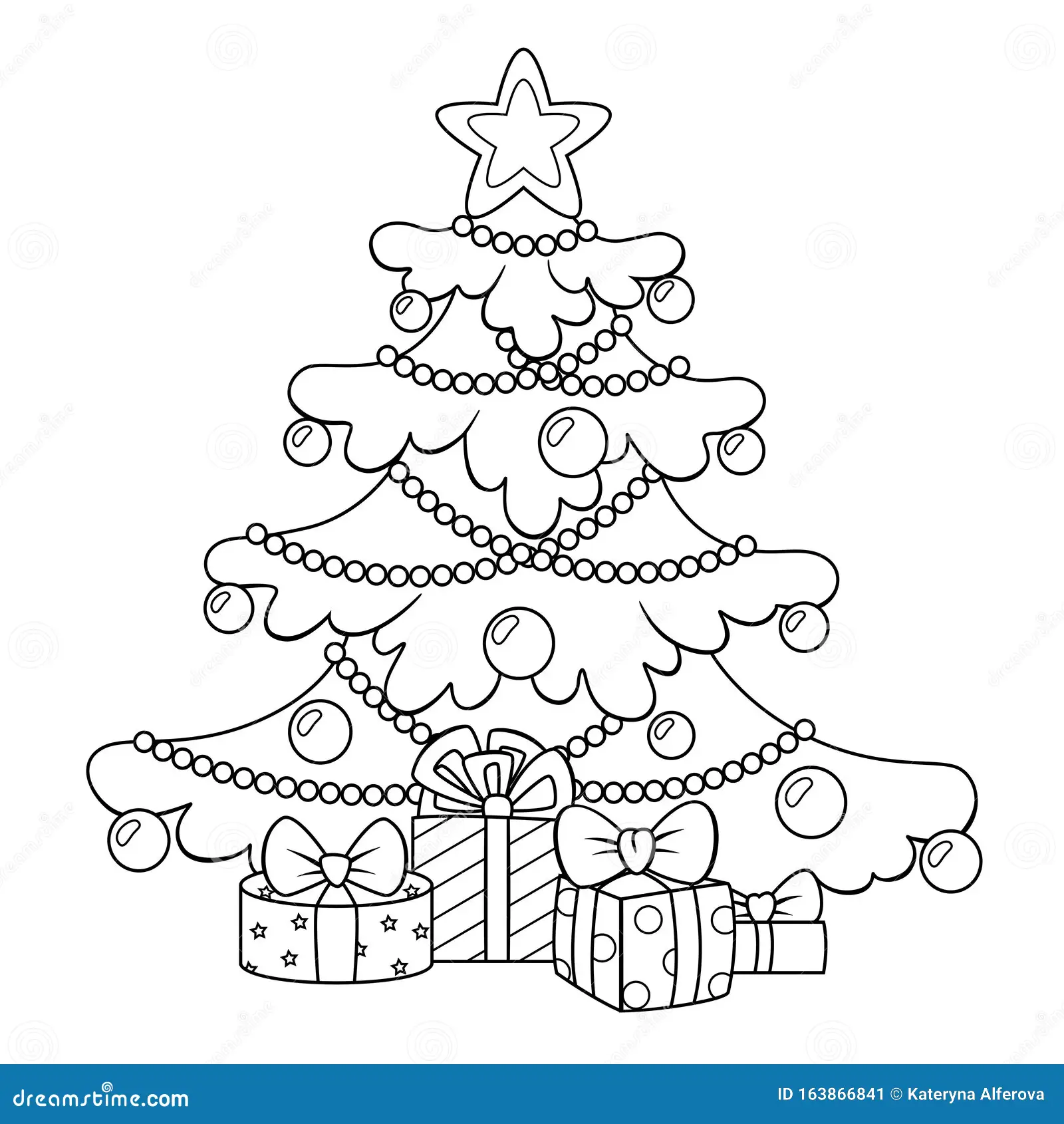 Christmas Tree Gifts Merry Happy New Year Greeting Card Template Black White Vector Illustration Colo Coloring Book Image163866841