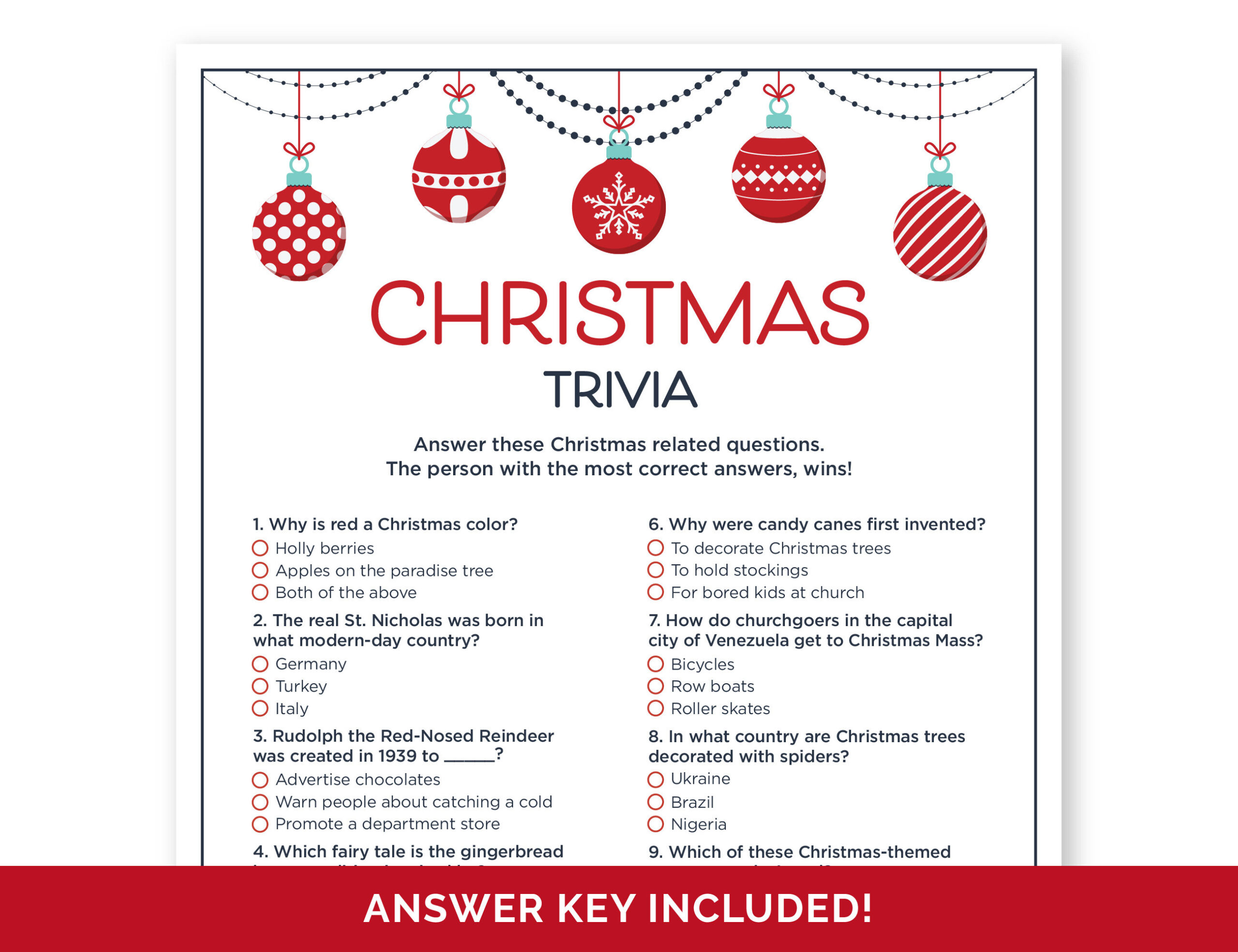 Christmas Trivia Game Printable Holiday