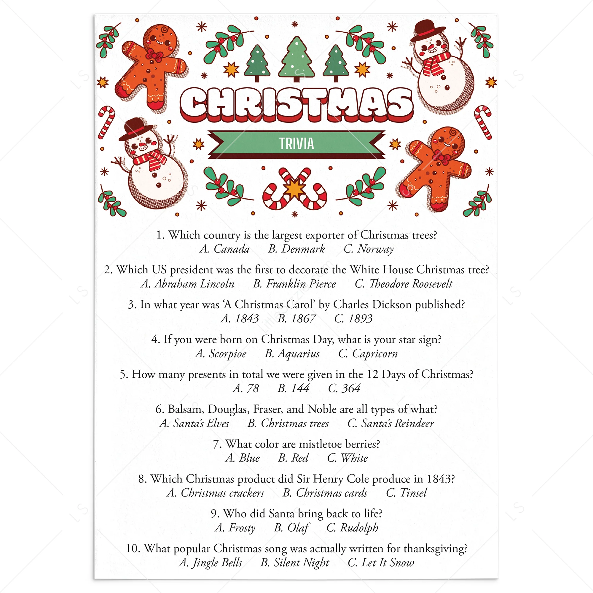 Christmas Trivia Quiz With Answers Printable