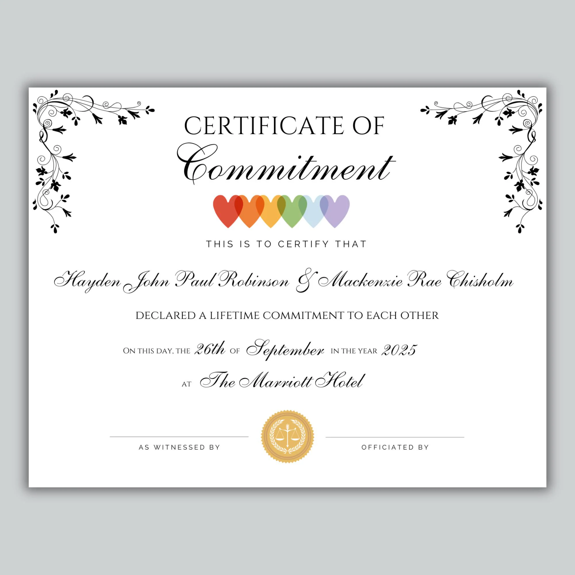 Commitment Ceremony Certificate Editable