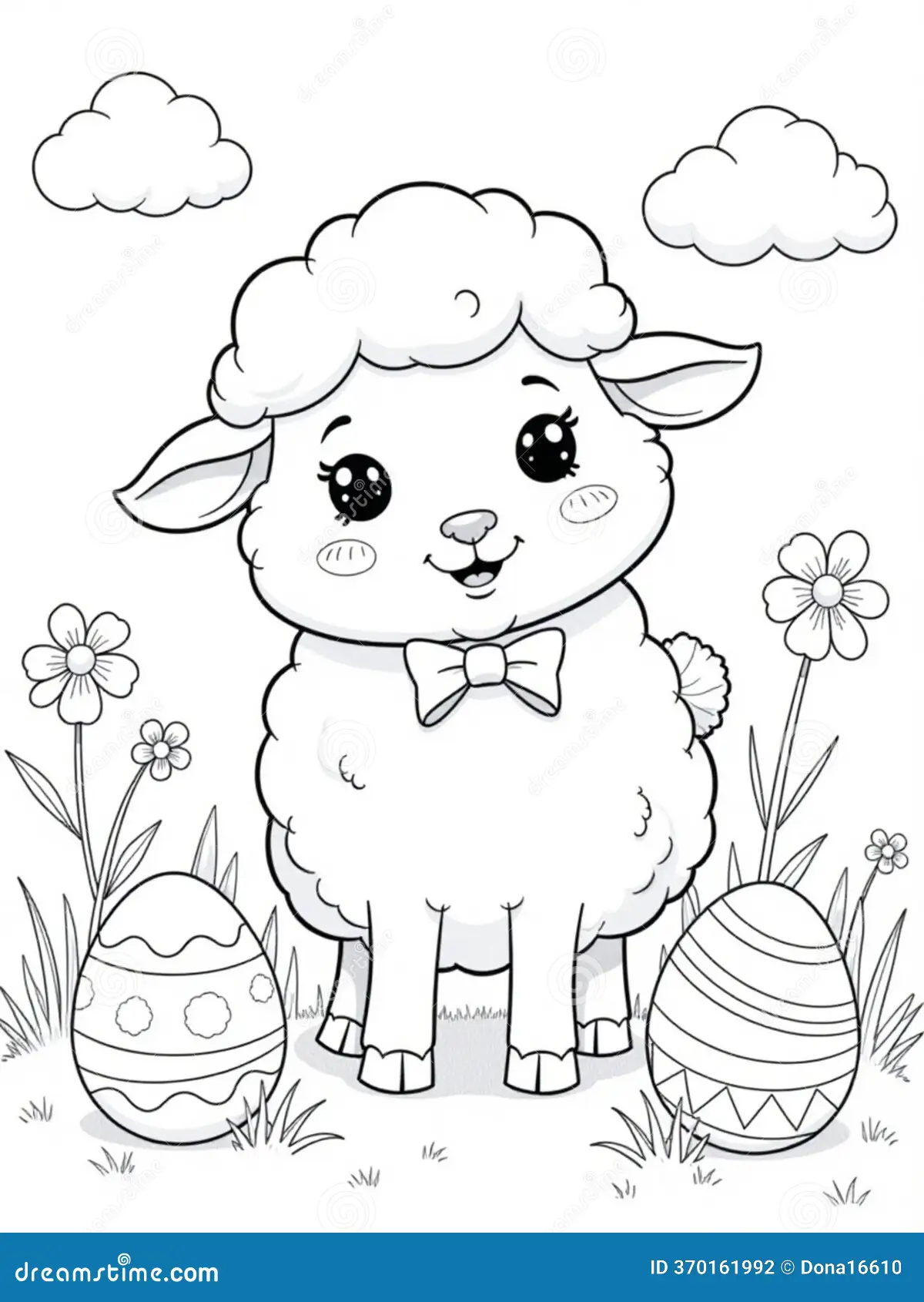 Cute Easter Lamb Coloring Page Decorative Eggs Delightful Black White Featuring Bowtie Surrounded Decorated Flowers Image370161992
