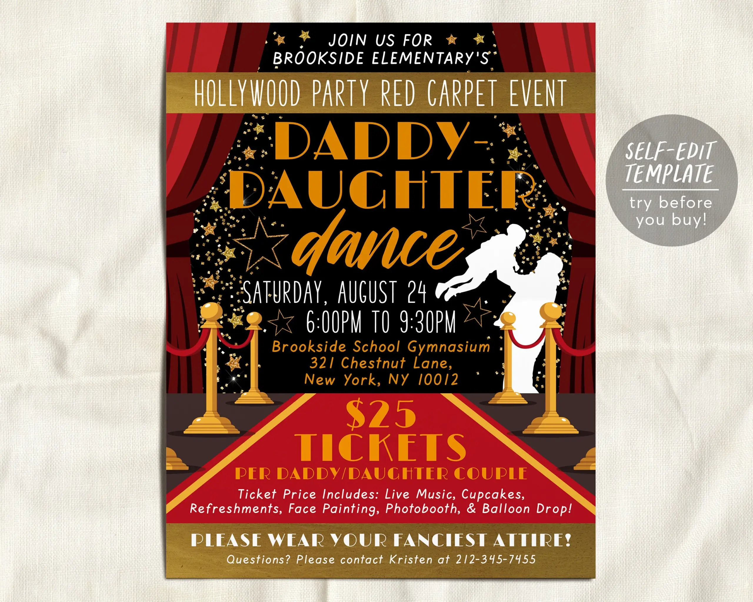 Daddy Daughter Dance School Flyer Editable Template Hollywood Red Carpet Event Invitation Invite Printable Pto Pta Church Community Event 354237503