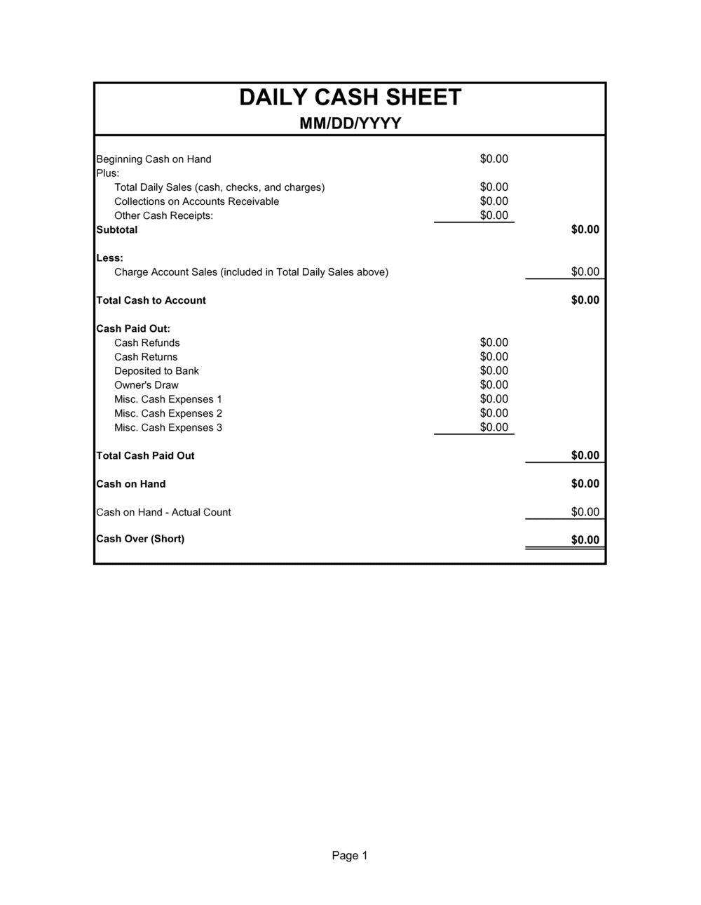 Daily Cash Sheet D359 Daily Cash Sheet D359