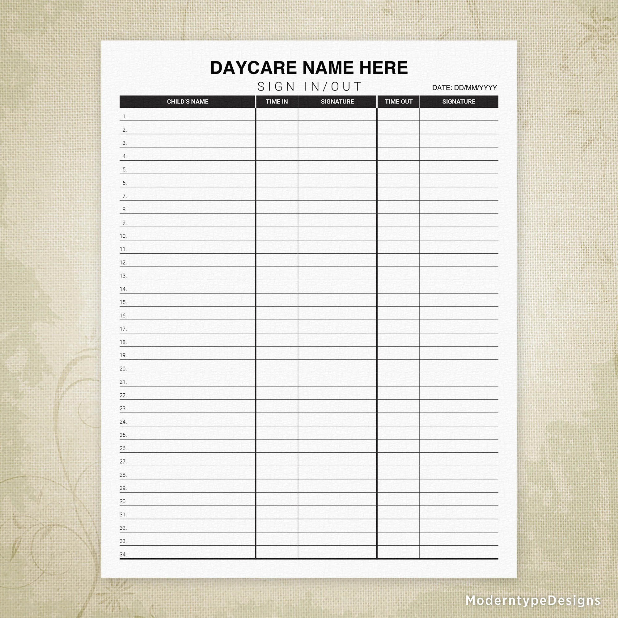 Daycare Sign In And Out Printable Dyc001