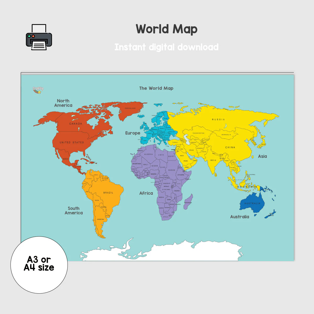 Digital Download World Map For Kids And