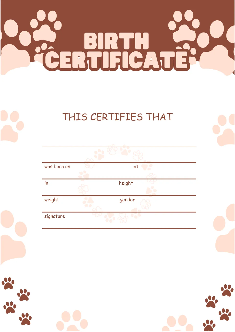 Dog Birth Certificate Template