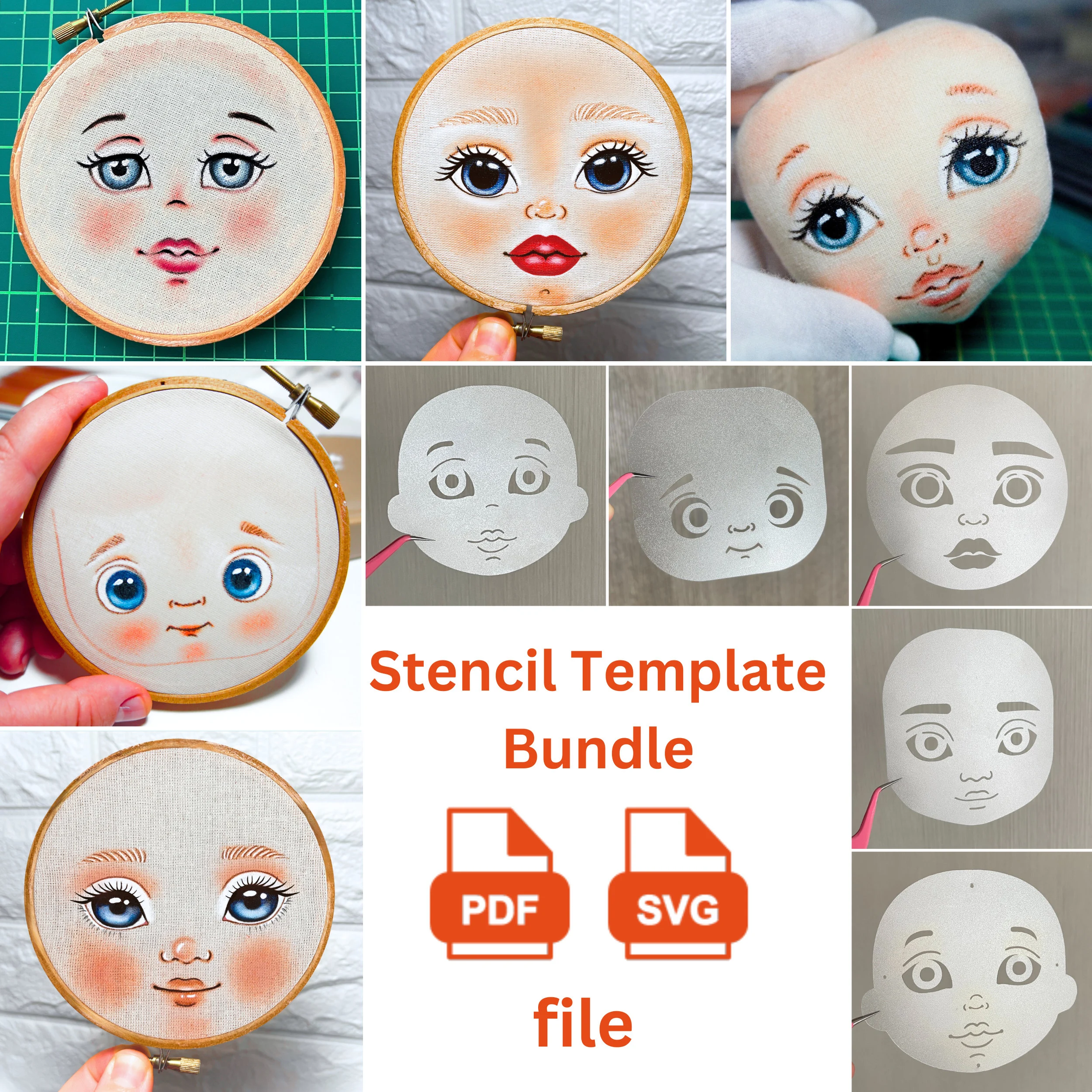 Doll Face Stencil Template Bundle For