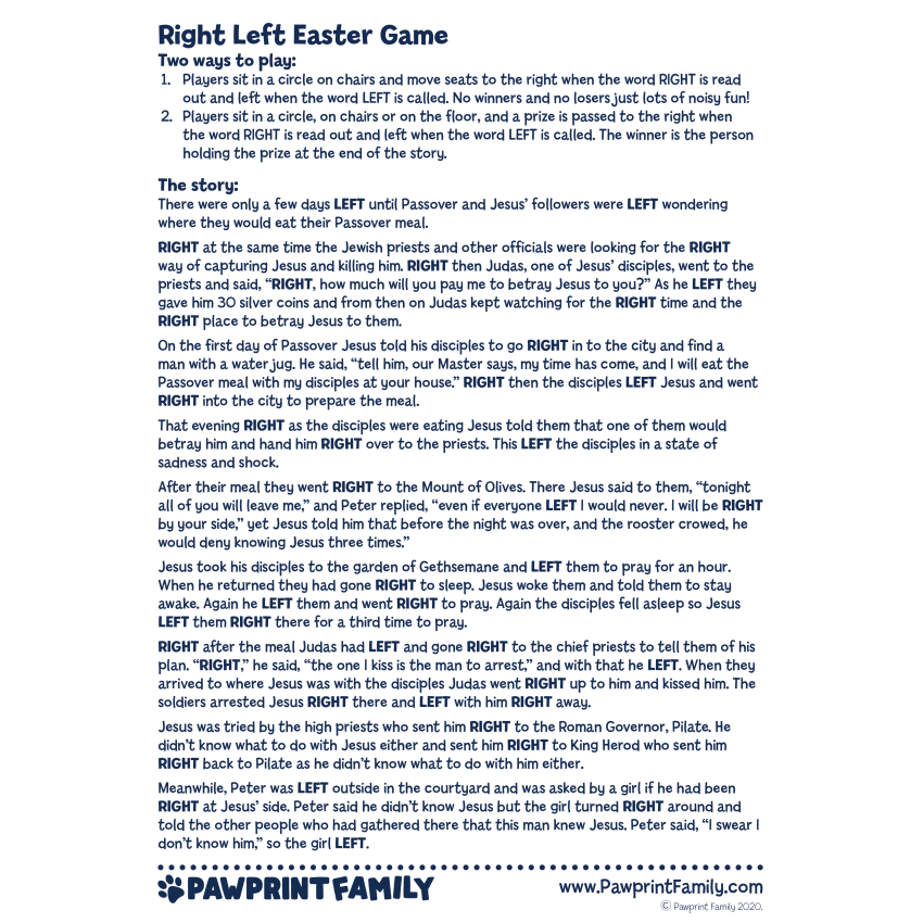 free printable easter bunny left right game