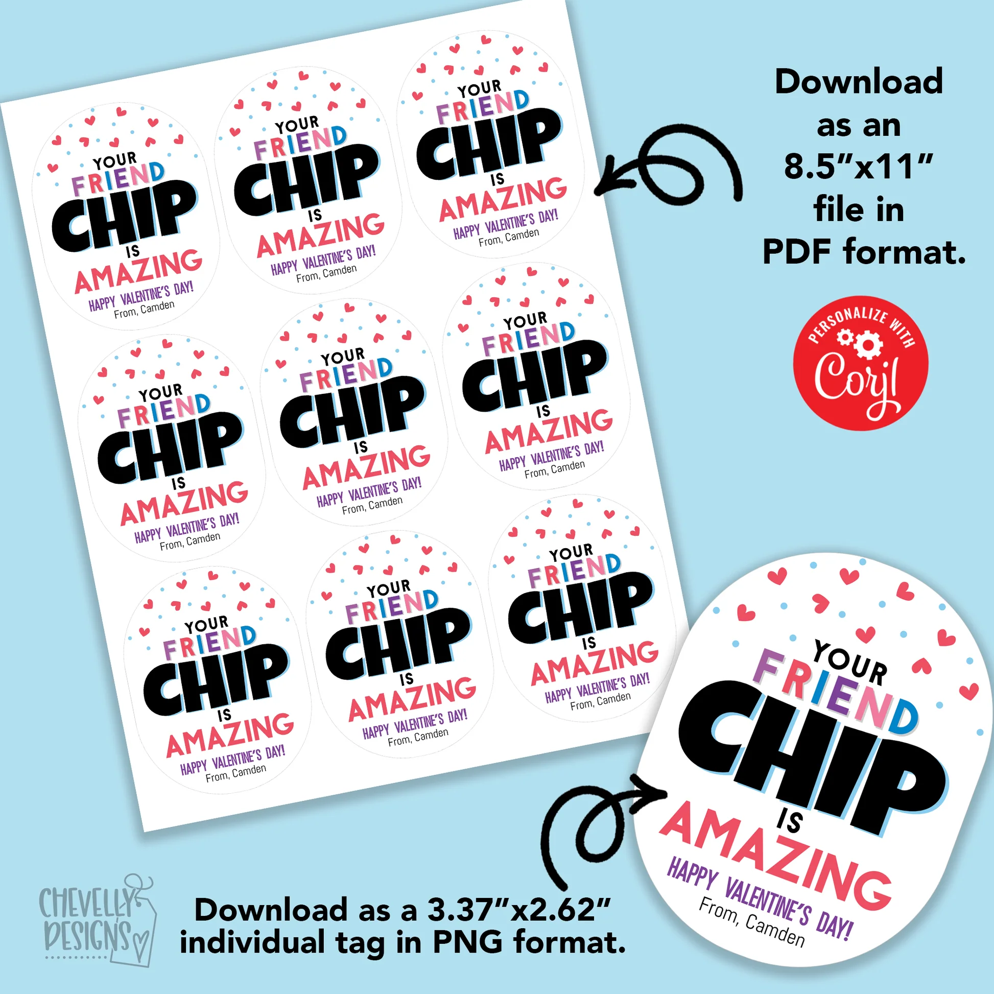 Editable Friend Chip Valentine Cards Printable Class Valentines Day Cards Digital File