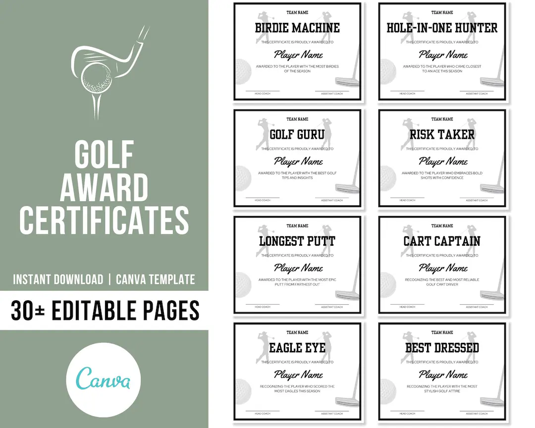 Editable Golf Award Certificates Golf
