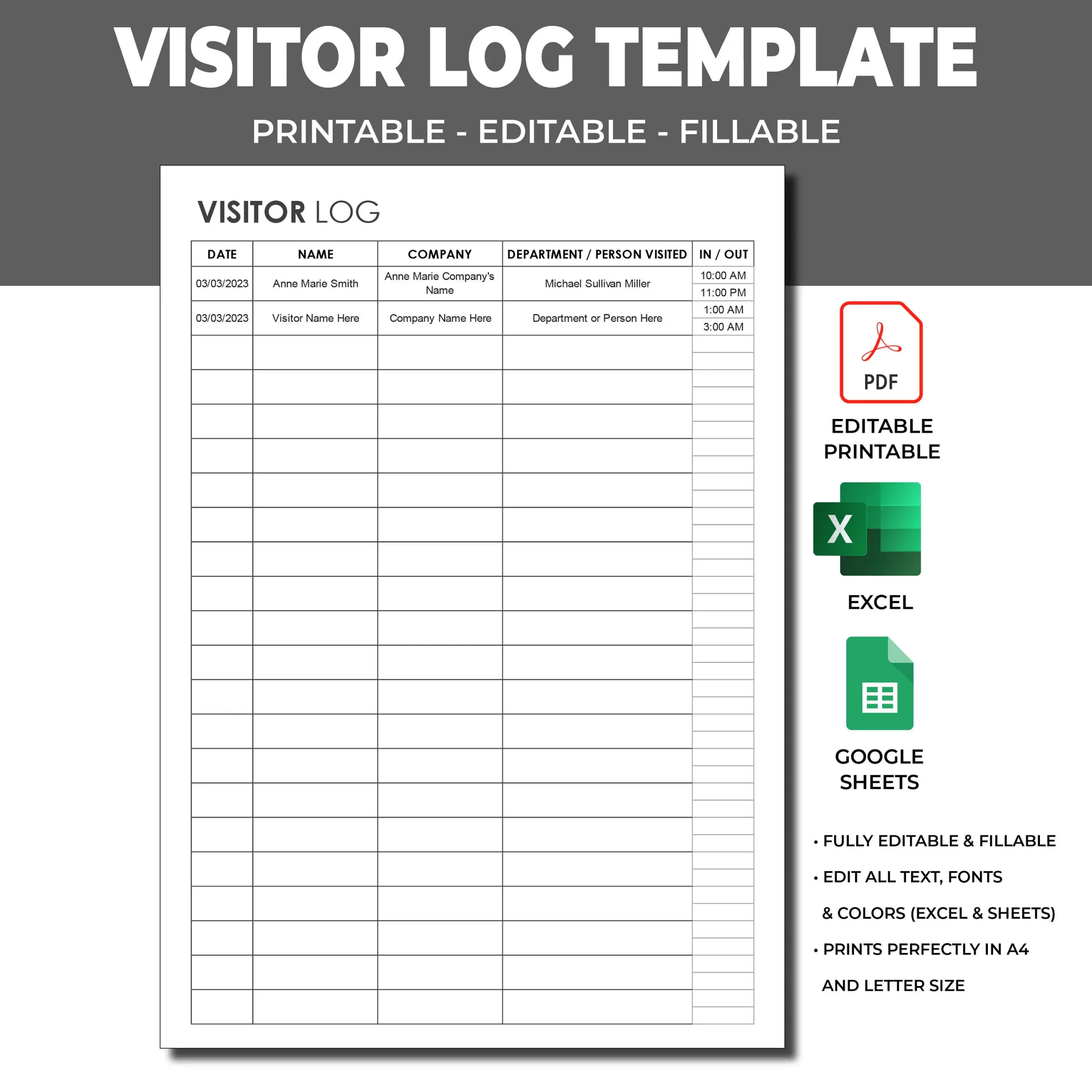 Editable Printable Visitor Log Visitor Editable Printable Visitor Log Visitor