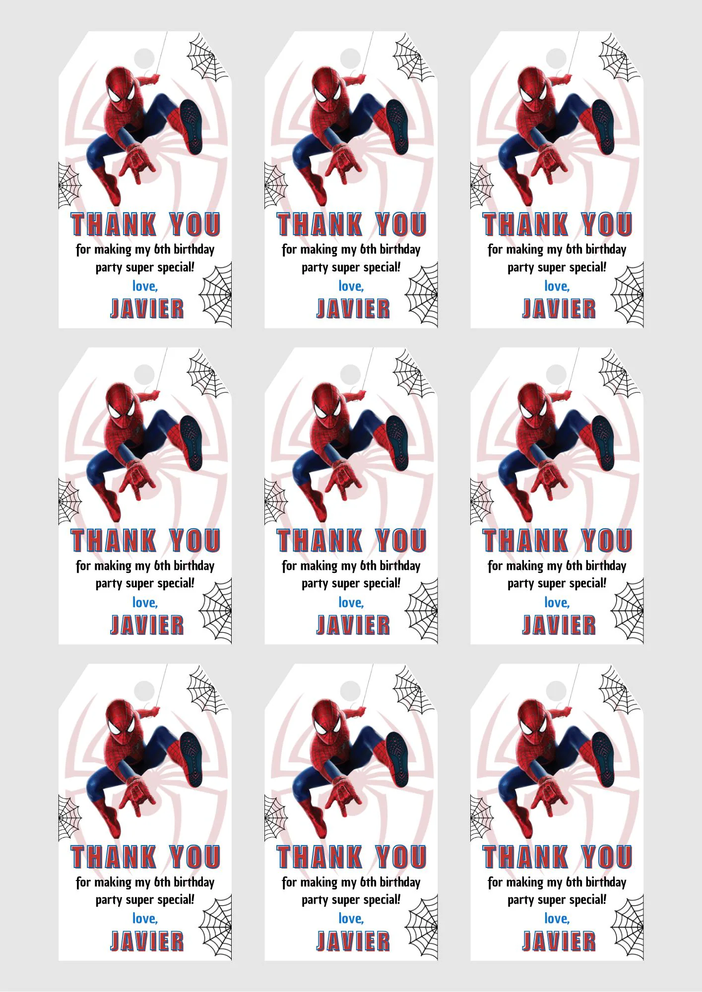 Editable Spiderman Birthday Favor Tags