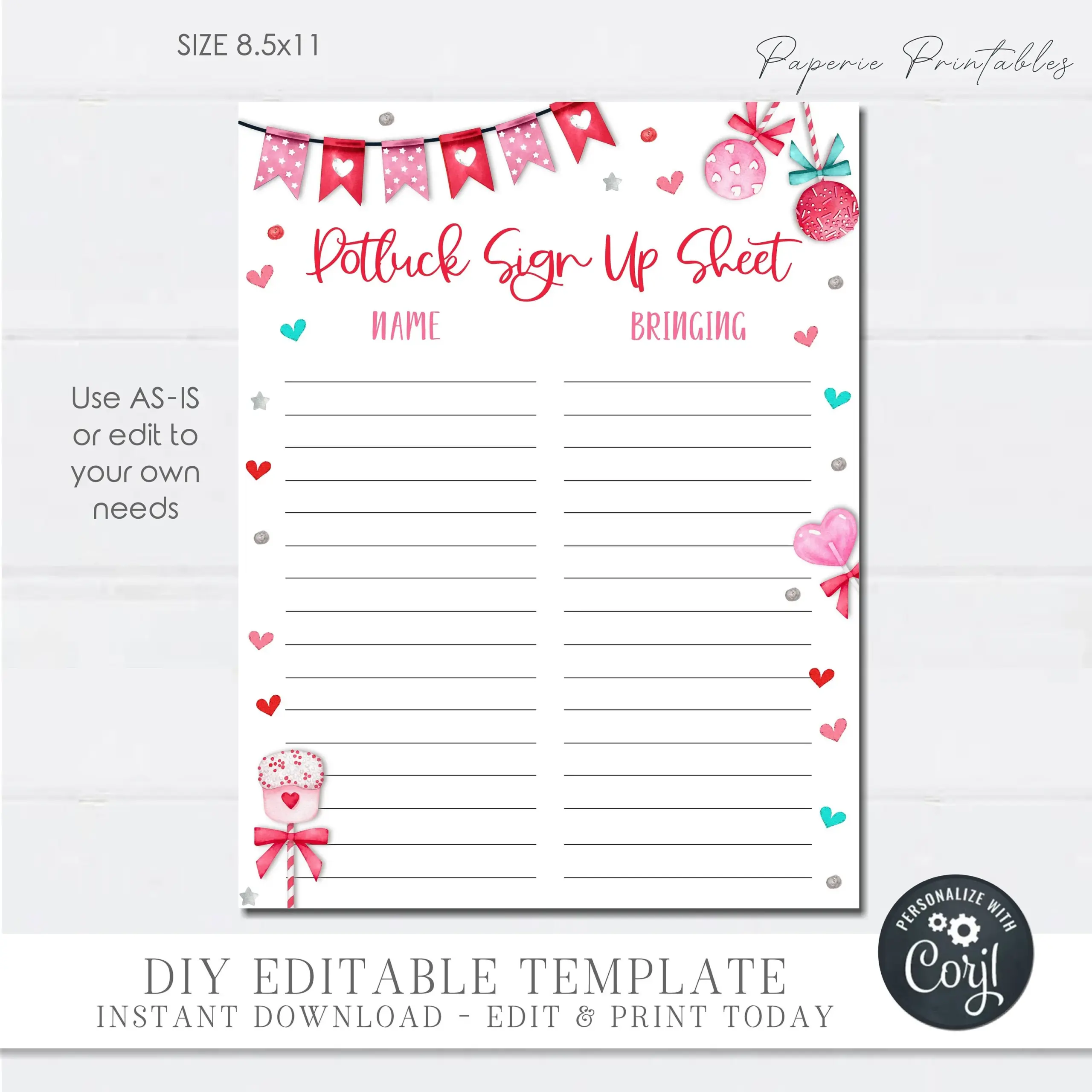 Editable Valentines Day Potluck Sign Up
