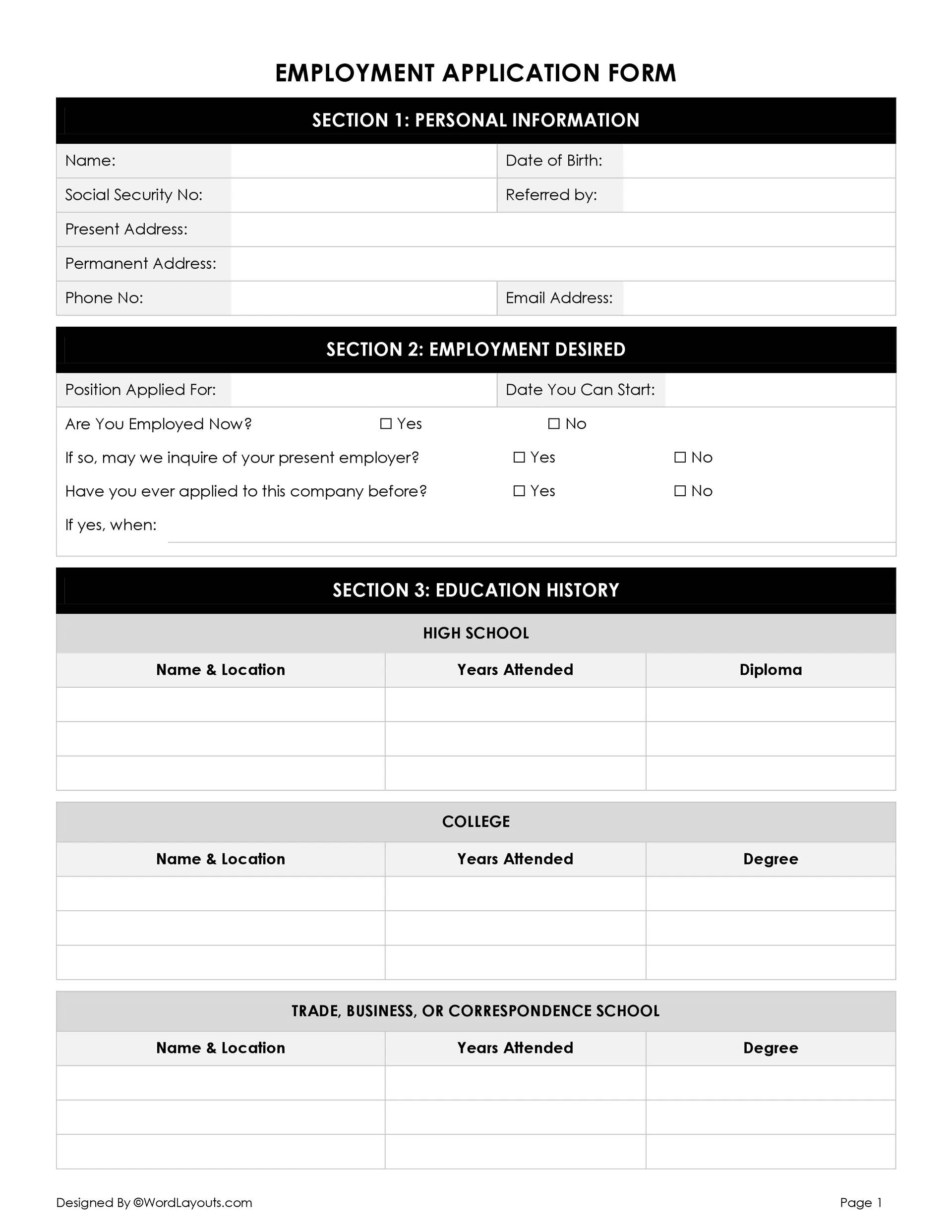 Employment Application Template