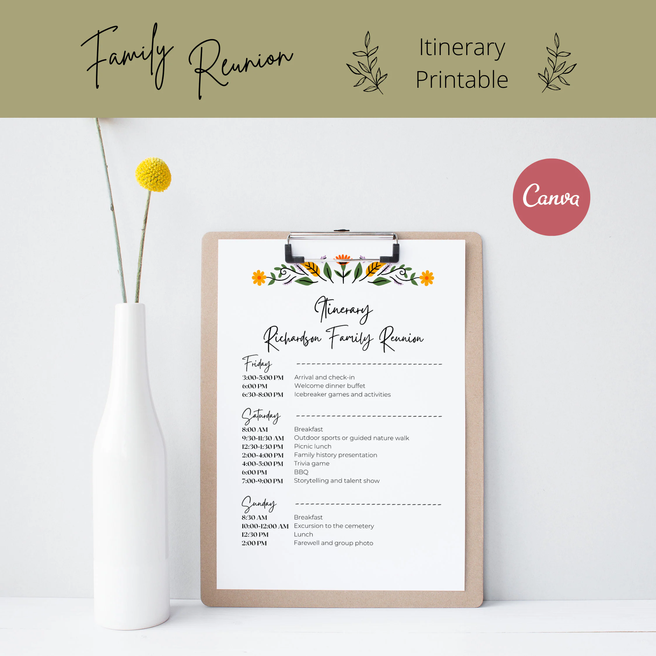 Family Reunion Itinerary Template Floral