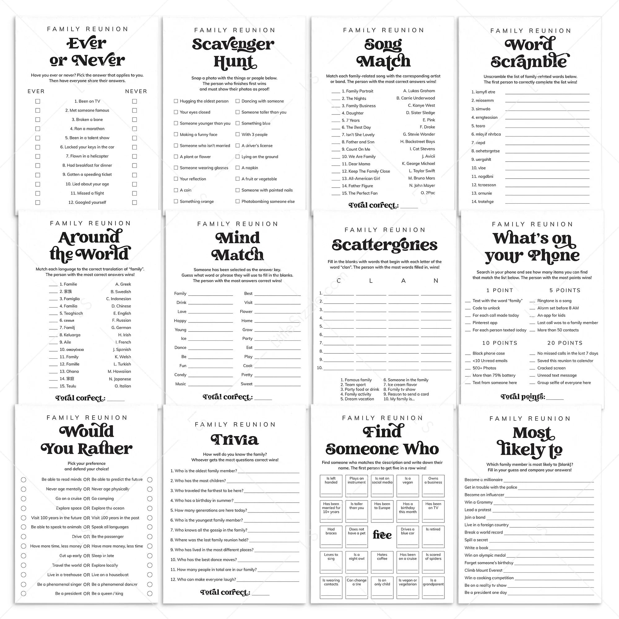 Family Reunion Party Games Bundle Printable