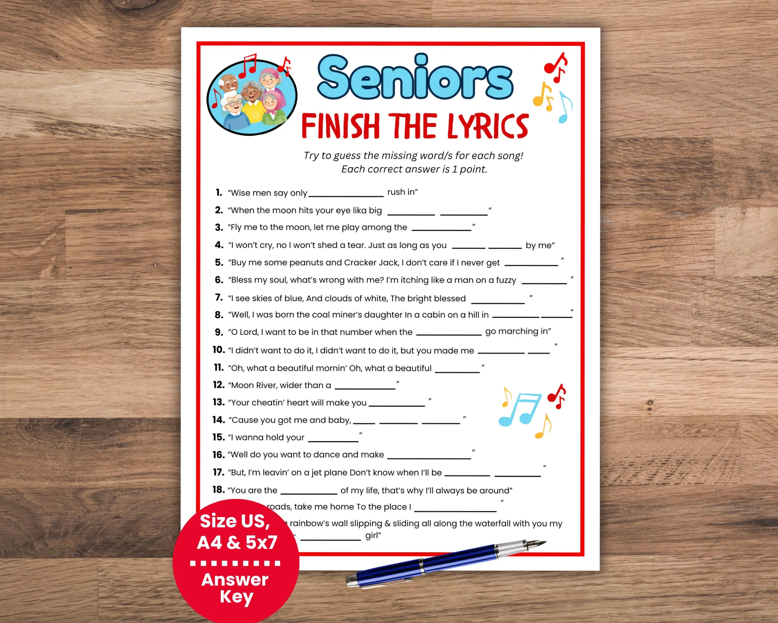 Finish The Lyrics Senior Games Printable