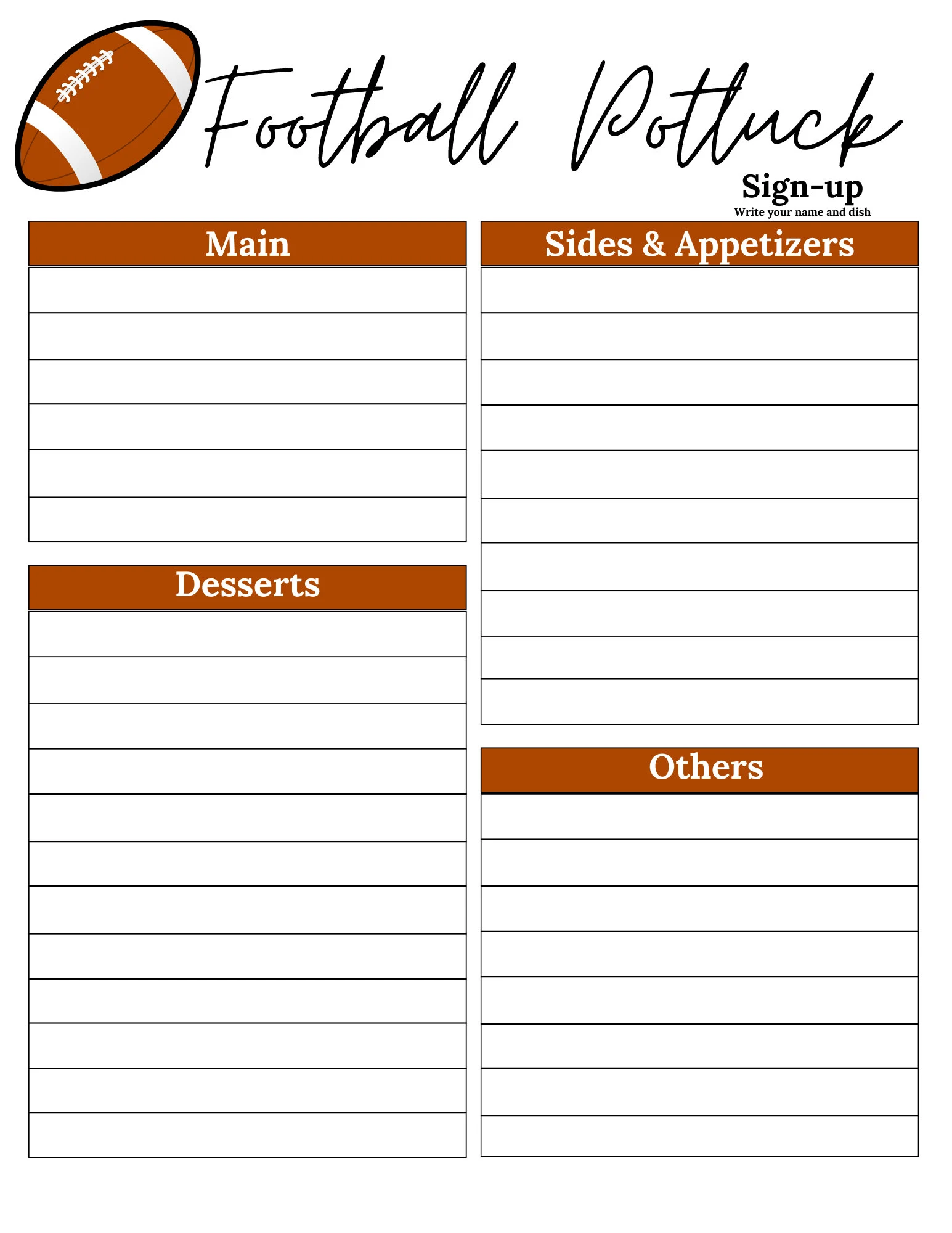 Football Potluck Sign Up Sheet Football Football Potluck Sign Up Sheet Football
